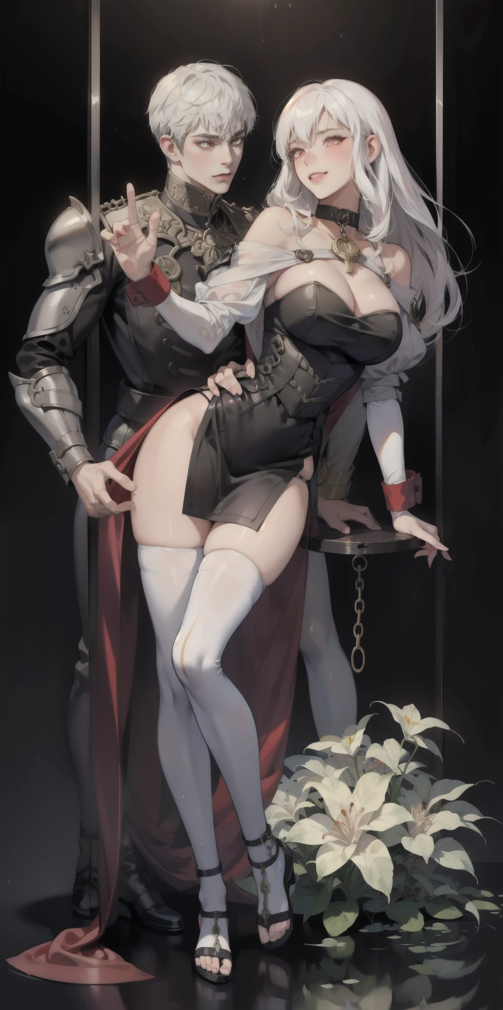 dark fantasy anime illustration of a (mature MILF BIMBO albino skin and short white hair), (FULL BODY) perfect face, wearing tight leather stealth armor, stalking, BIG KNOCKERS CLEAVAGE, lustful smirking smile red blush red cheeks, chain leash, kneeling, shackles, leather black collar slave, ((BLACK background)) hands on glass WITH KNOCKERS on glass, glass window fog water drop, 5 fingers each hand, metal handcuffs, black choker collar, thigh highs, long legs, metal ankle, metal sandals, metal shoulders, standing straight symmetrical against glass