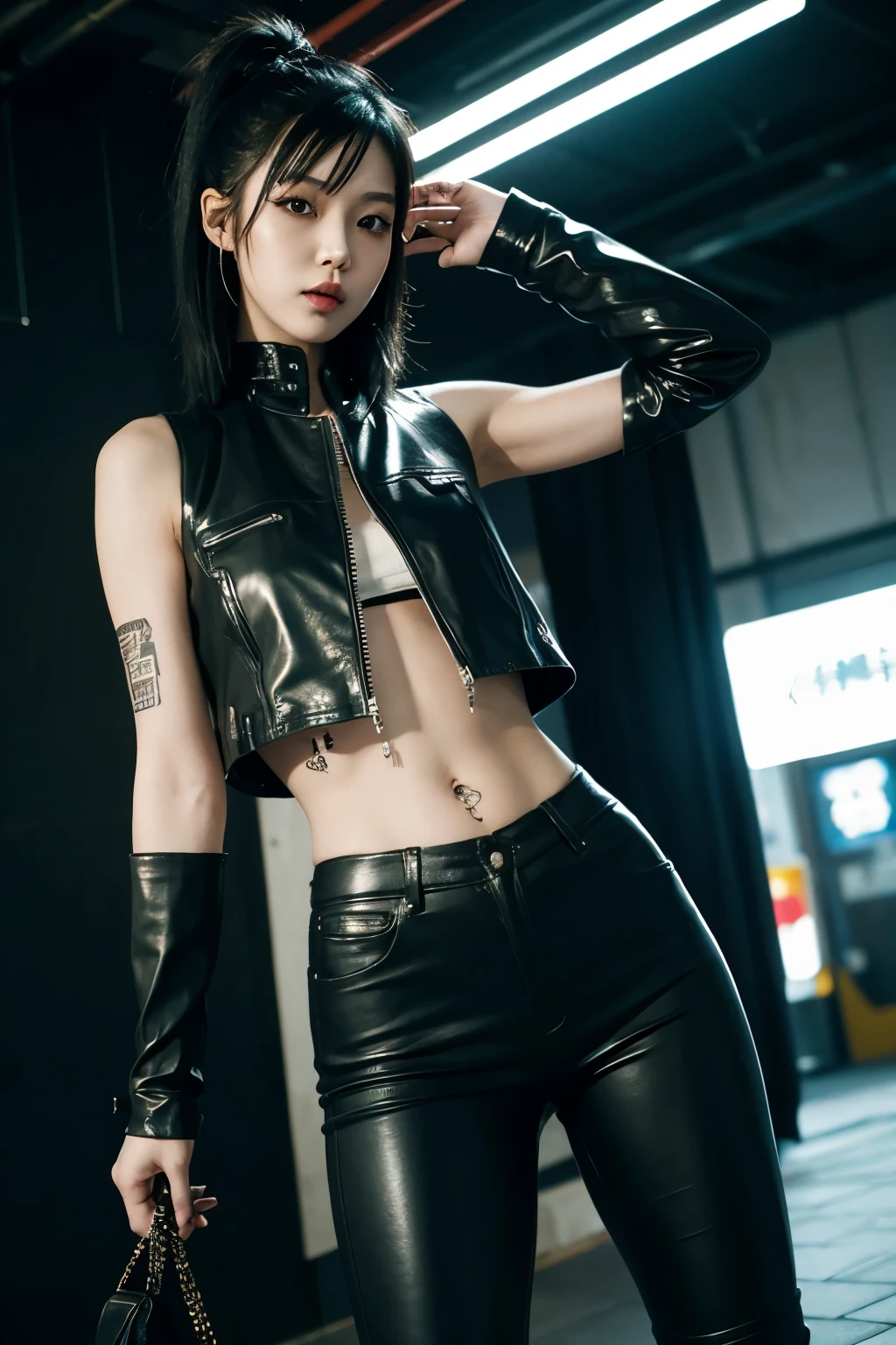 Japanese rockergirl wearing leather vest and tight leather pants, cyberpunk setting, navel piercing, tattooedgirl, black hair <lora:hair_length_slider_v1:8