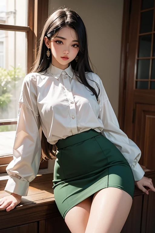 yor briar,1girl,bangs,bare legs,black footwear,black hair,dress shirt,earrings,flats,full body,green skirt,green vest,hairband,jewelry,long hair,long sleeves,looking at viewer,miniskirt,office lady,open mouth,pencil skirt,red eyes,seiza,shadow,shirt,sidelocks,skirt,solo,vest,white hairband,white shirt,(long legs:1.1),spread legs,
Best quality,masterpiece,ultra high res,<lora:liu3:0.5:stop=12>,<lora:GoodHands-beta2:1>,liu1,slim, tempting, fascinating, celestial, enchanted, magic, glowing, rich cinematic atmosphere, romantic, light, striking, sublime, extremely detailed, sharp focus, stunning, perfect composition, cool, great fine detail, pretty dynamic, vibrant colors, creative, fantastic, elegant, epic, best, contemporary, ambient, new, shiny, polished, professional
