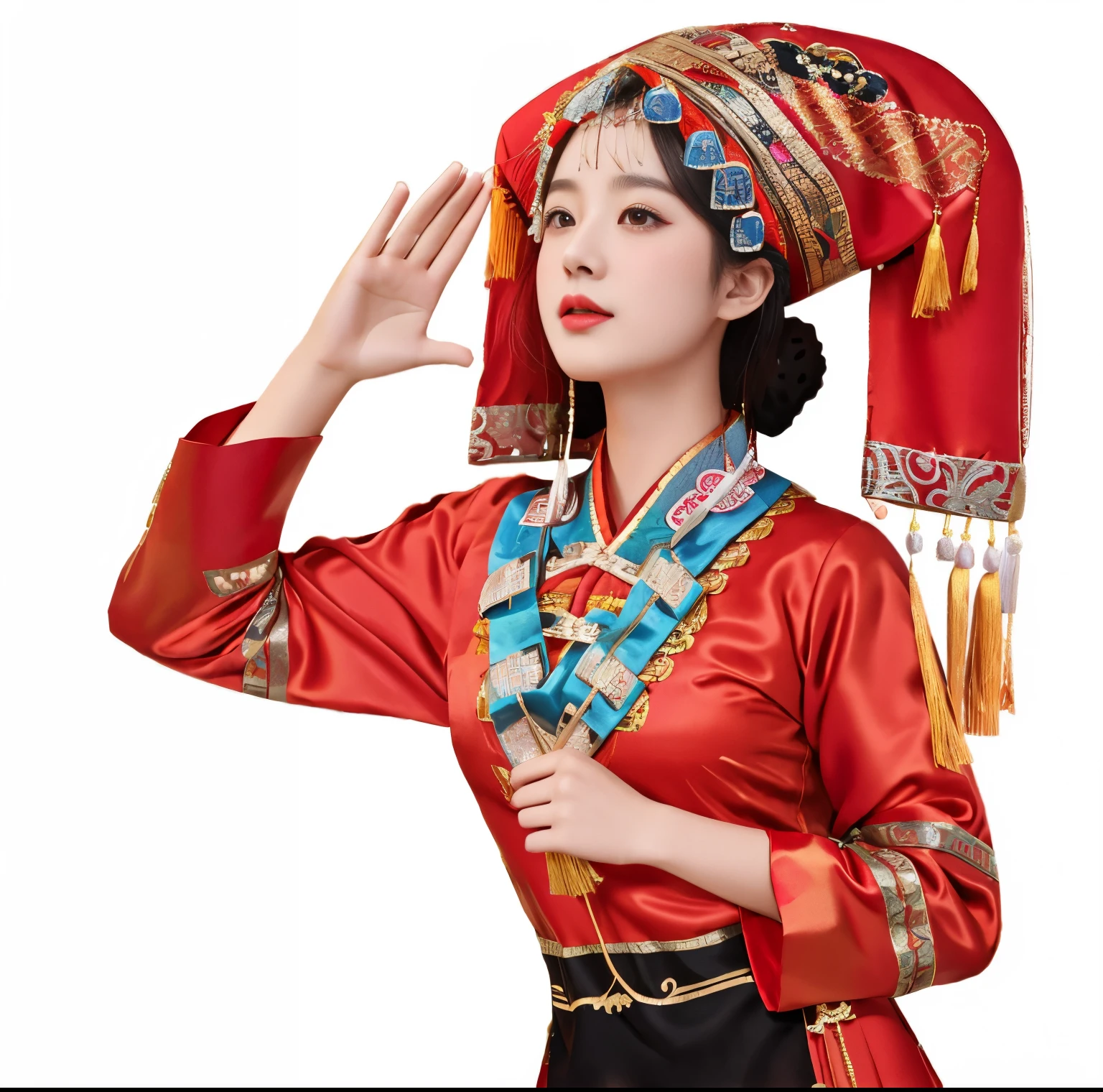 araffe woman in red dress and hat,Wearing a red hat, traditional this costume, High quality theatrical costumes, traditional Chinese, traditional clothing, Hanfu, this costume, authentic clothing, traditional clothing, high quality clothing, traditional clothing, Wear authentic clothing, traditional Chinese clothing, Traditional clothing, chinese woman, gujian, Matching Chinese clothing