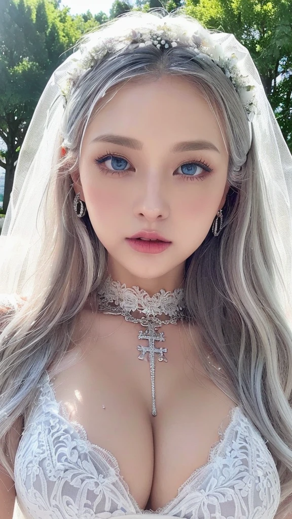 1 miniature Beautiful beautiful woman - Yuan Sayuki, ((top quality, 8K, Masterpiece:1.retty woman, 1 woman, huge breasts:1.3, a slim body:1.1, lush white short hair, (shower, wet body, wet clothes:1.1), very detailed face, detailed lips, detailed eyes, double eyelids, Detailed blue eyes, чрезвычайно Detailed Outstanding Blue Eyes, white wet hair, white wet hair, Detailed Outstanding Blue Eyes, innocent look at the viewer, very wet wavy white hair, Detailed Outstanding Blue Eyes, huge cross earrings, Outdoors, badges behind, gothic wedding uniform, sexy gothic style wedding dress with veil, bare chest, huge chest tattoo wearing a wreath, detailed huge earrings, chest tattoo, Outside - there are trees and a buddhist temple in the background, wear a silver cross (Detailed cross shape), reality mode, wet breasts, black necklace, black wedding dress and black veil, human crowd behind, head/forehead chain veil, black latex gloves, naked breasts, naked breasrs, naked nipples, hair of white snowy colour