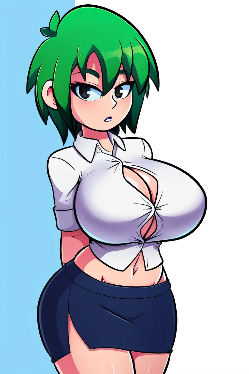 A sexy young girl with huge breasts, short green hair, her black eye, wears a white button-down shirt, shows her navel, and a blue pencil skirt. 