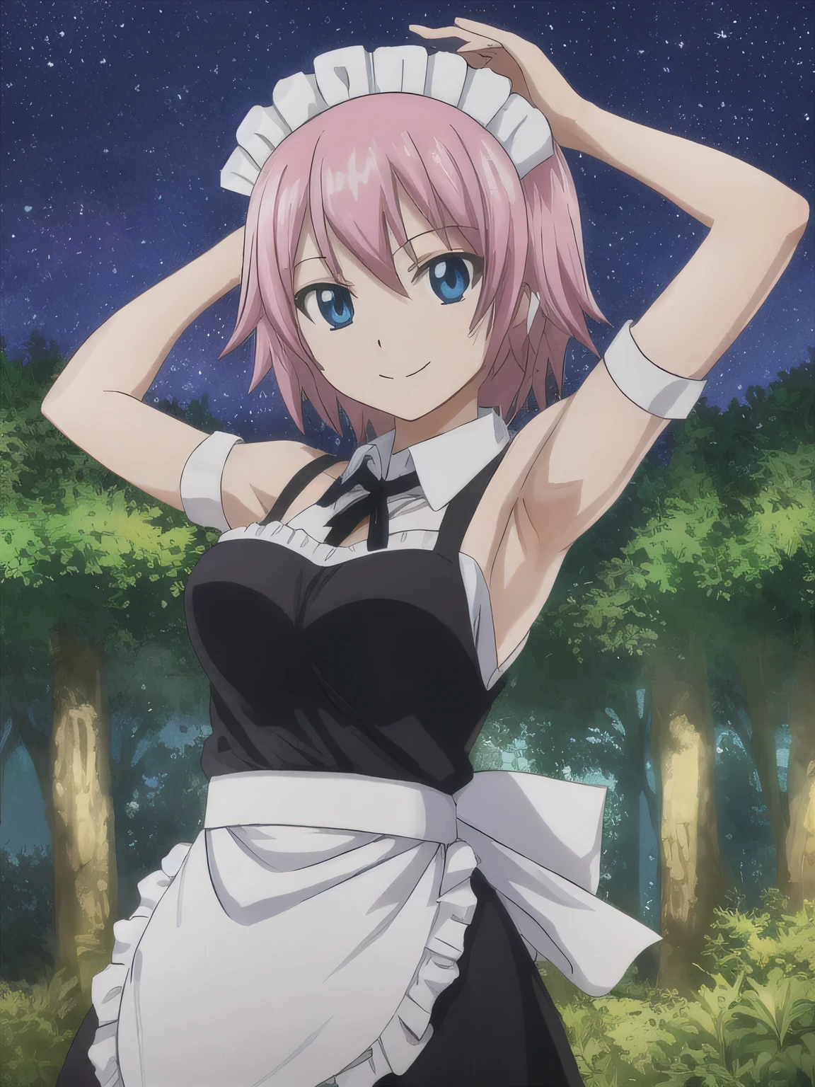 virgo, fairy tail, anime art style, 1girl, solo, looking_at_viewer, smile, short_hair, blue_eyes, pink_hair, short_sleeves, puffy_sleeves, apron, maid, maid_headdress, maid_apron, cowboy shot, ako suminoe, ascot, , solo, upper body, night sky, forest, arms behind head, contrapposto, spread armpits, smile