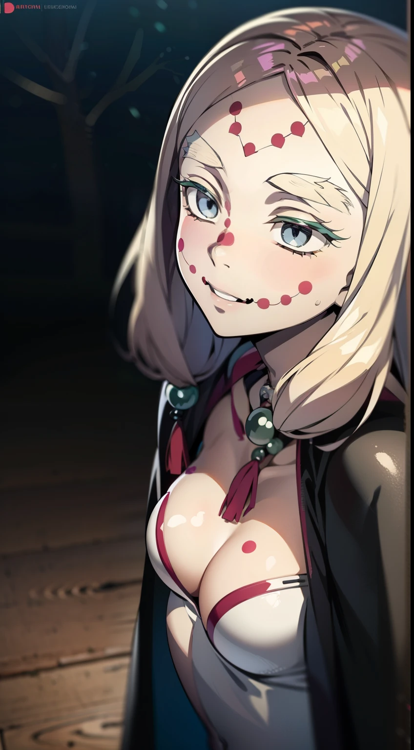 One Demon Girl, Masterpiece, Best Quality, in full height (Body Full 1.1.), Beautiful waist, nice feet, hiquality, Highly detailed face, Depth of field, HDR, Very detailed, Ray Tracing, full - body, Dark Fantasy, Demon Tattoo, Ultra Beautiful, lovely small breasts. white colored hair,Transition to red, pale skin, woods, Night Forest, moon light, Beautiful figure, taut clothes, black cape on pink kimano, Lovely Medium Breasts, Smiling, gray eyes, handsome body, sexy clothes, Beautiful eyes, very detailed eyes, Very detailed face, handsome body, Cherecter Desing, Very detailed, Detailed body, Detailed hands, Detailed, Vibrants, Detailed Face, sharp-focus, WLOP, artgerm, anime art, Vibrants, Detailed Face, Hugh Details, sharp-focus, Very drooping face, A detailed eye, super fine illustration, better shadow, finely detail, Beautiful detail