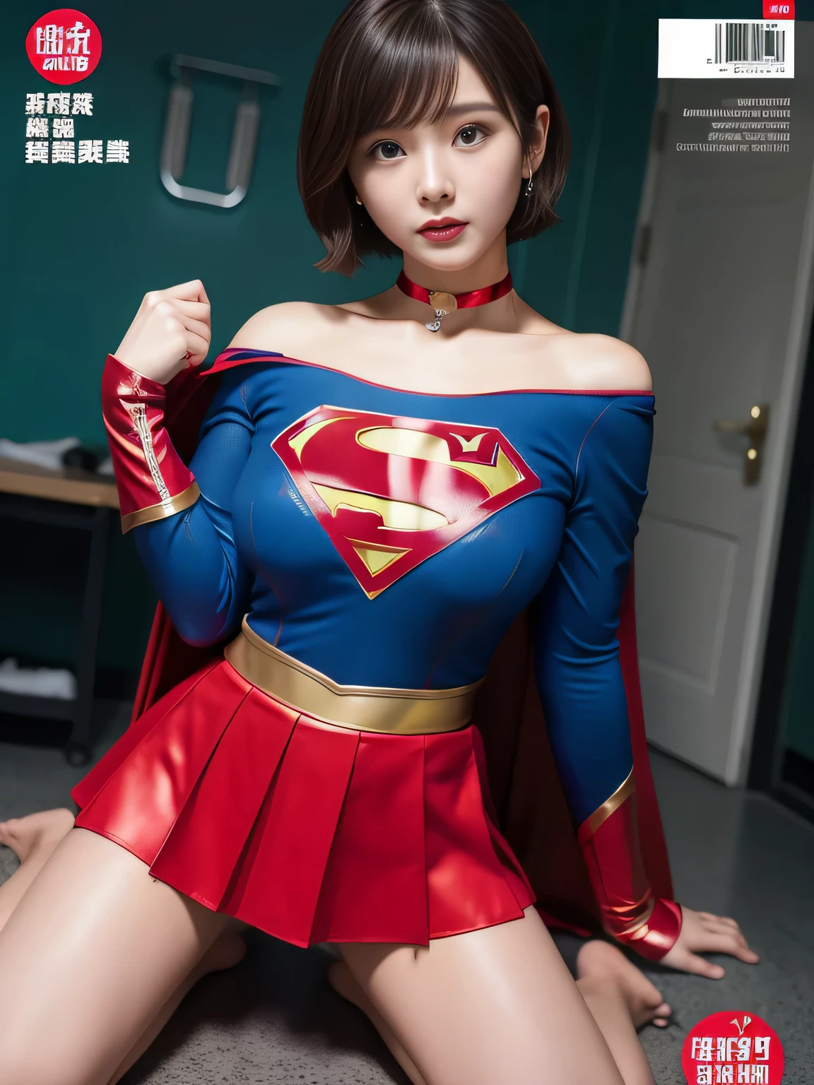 masterpiece、supergirl costume、short hair、barefoot、big and full breasts、Crisis situation、operating room、operating table、straddle、Sweat、shiny、look at the camera、provoke、Estrus、choker、Weekly magazine cover、long sleeve、red mini skirt、obscene、seductive pose、Glamorous、off shoulder、model body shape、