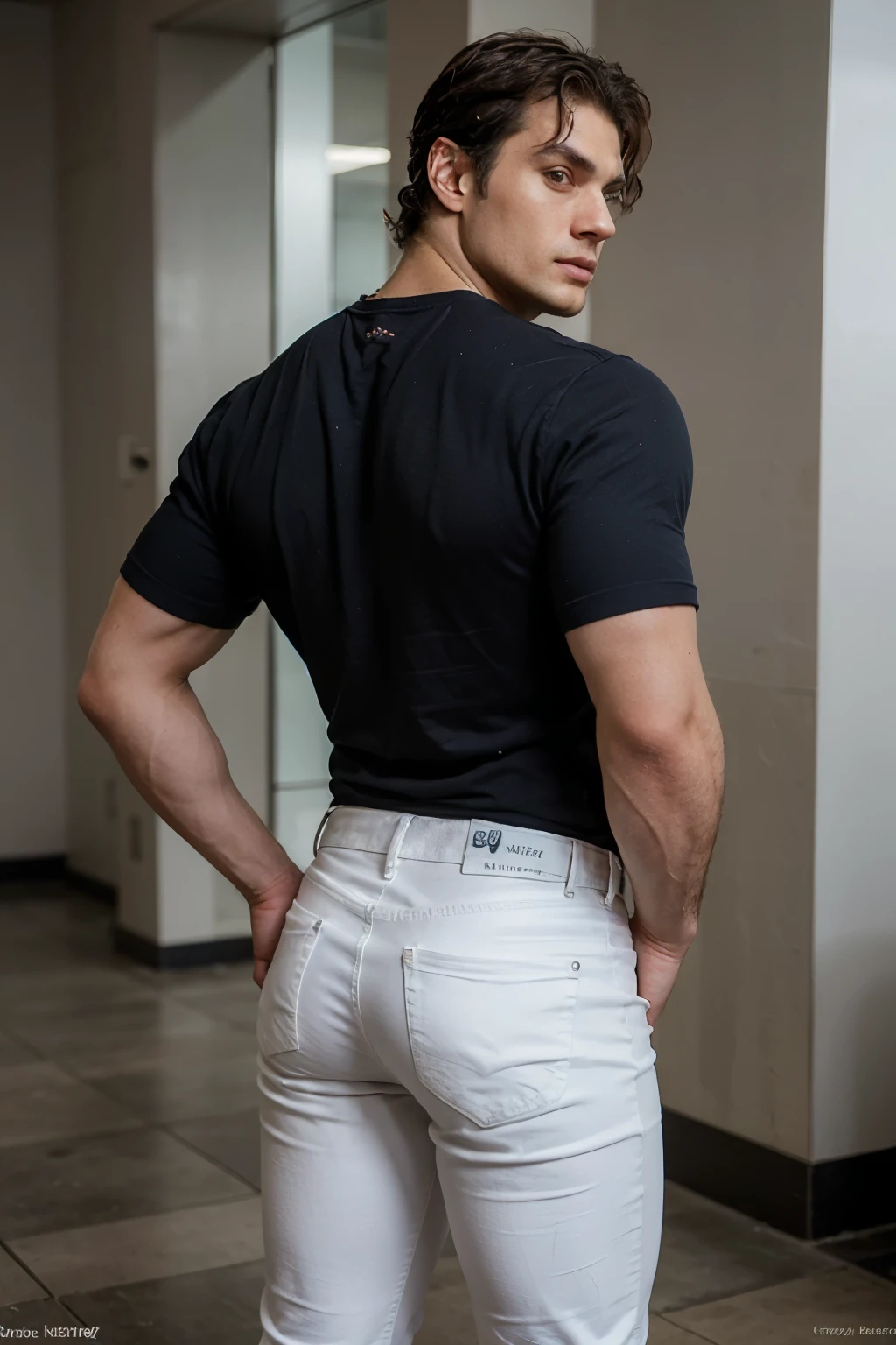 realistic photo of muscular Henry cavill full body,  detailed face.  tigth white  jeans backside.