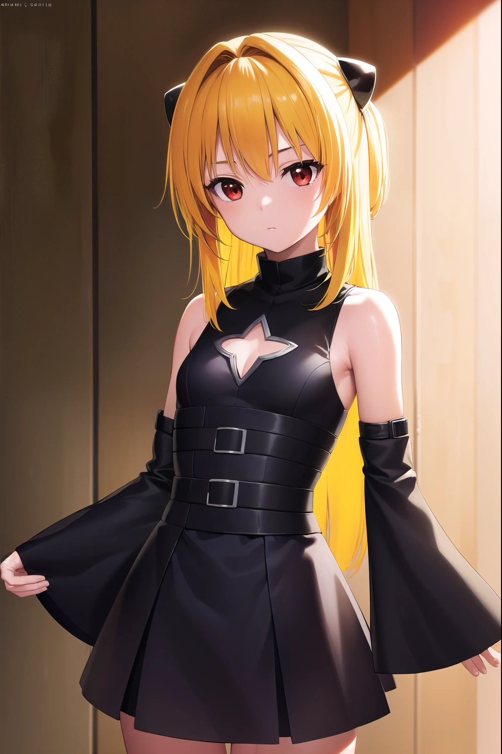 toloveruyami, yami, (yellow hair:1.5), long hair, (red eyes:1.5), hair ornament, (small chest:1.2), 
BREAK sleeveless, detached sleeves, dress, black dress, black skirt, clothing cutout, cleavage cutout,
BREAK outdoors, city,
BREAK looking at viewer, (cowboy shot:1.5),
BREAK (masterpiece:1.2), best quality, high resolution, unity 8k wallpaper, (illustration:0.8), (beautiful detailed eyes:1.6), extremely detailed face, perfect lighting, extremely detailed CG, (perfect hands, perfect anatomy),