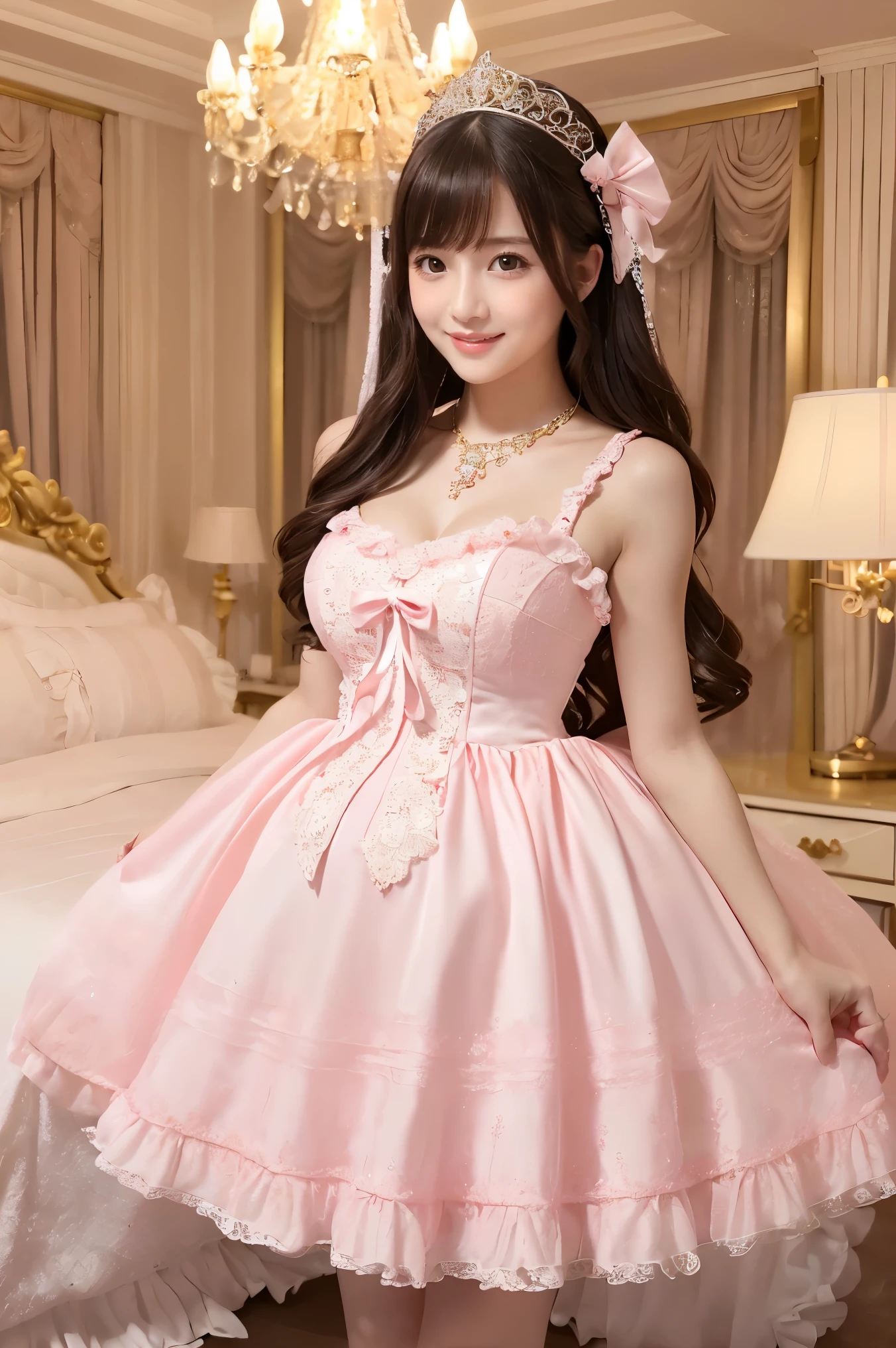(highest quality、masterpiece、8K、best image quality、hyper realism、Award-winning work)、1 cute lolita princess、(solo:1.1)、(1 photo:1.1)、(A girly and cute high-end light pink Lolita princess dress:1.2)、(Cute big ribbon on the chest:1.1)、(The most extravagant and luxurious giant princess tiara:1.1)、(Huge jewellery:1.1)、(The most luxurious and finest huge princess jewelry necklace:1.1)、(A top-notch Lolita princess dress with intricate jewelry detailing:1.2)、(Very intricate and detailed lace decoration:1.1)、(A very intricate and elaborately decorated dress:1.1)、(The most extravagant Lolita princess dress with cute frills and ribbons:1.1)、(The most luxurious Lolita princess dress with lovely lace decoration:1.1)、(Cute girly lolita wavy hair:1.1)、(The finest, most beautiful and shining chandeliers:1.2)、(low length:1.1)、(Height: 140cm:1.1)、(very big breasts:1.2)、(cleavage:1.1)、(Cute heart symbol:1.1)、Lots of cute frills、emphasize body line、slender body、Standing gracefully、(The most luxurious and luxurious lolita princess room background in pink and white:1.1)、(Intricately detailed top-of-the-line pink, white and gold Lolita princess room:1.1)、(A luxurious princess room with the most extravagant and girly atmosphere:1.2)、(The most gorgeous and gorgeous pink Lolita princess room:1.2)、(very bright and vivid:1.4)、(Bright and shiny dress:1.2)、(A very bright and sparkling white and pink princess room:1.4)、(The most extravagant and highly decorated, luxurious walls:1.1)、A girl standing gracefully、accurate anatomy、perfect makeup、long eyelashes、glossy lips、Ultra high definition glossy skin、(Ultra-high definition bright and beautiful skin:1.3)、超高精細のglossy lips、Super high definition beautiful teeth、Ultra HD beautiful light brown hair、(Huge belly in late pregnancy:1.2)、(Body facing straight ahead:1.1)