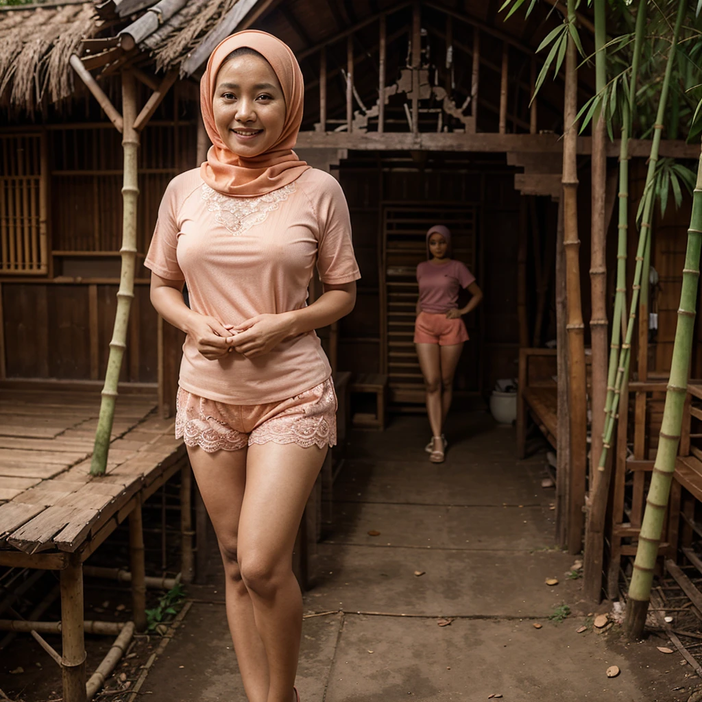 A 52 years old Indonesian woman in peach color hijab, wearing peach color lace tight t-shirt, wearing peach color lace tight shorts, darker skin, curvier body, short body, smiling and standing in the old bamboo cabin in a forest, look to the viewer with eye close