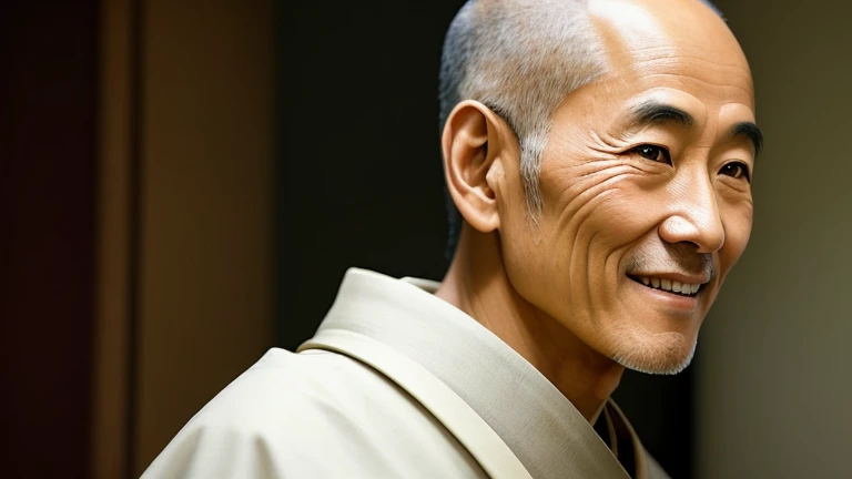A monk in his 50s with a serene Japanese profile, portrayed in realism (realism: 1.5), exceeding expectations as a masterpiece. His kind smile radiates warmth and tranquility, captured in the highest resolution (ultra high resolution), revealing every detail in intricate authenticity. The hdr lighting enhances his creased features and gentle wrinkles around the eyes. His monk's robes are depicted with detailed textures, showcasing every thread and fold. A portrait of genuine wisdom and inner peace.