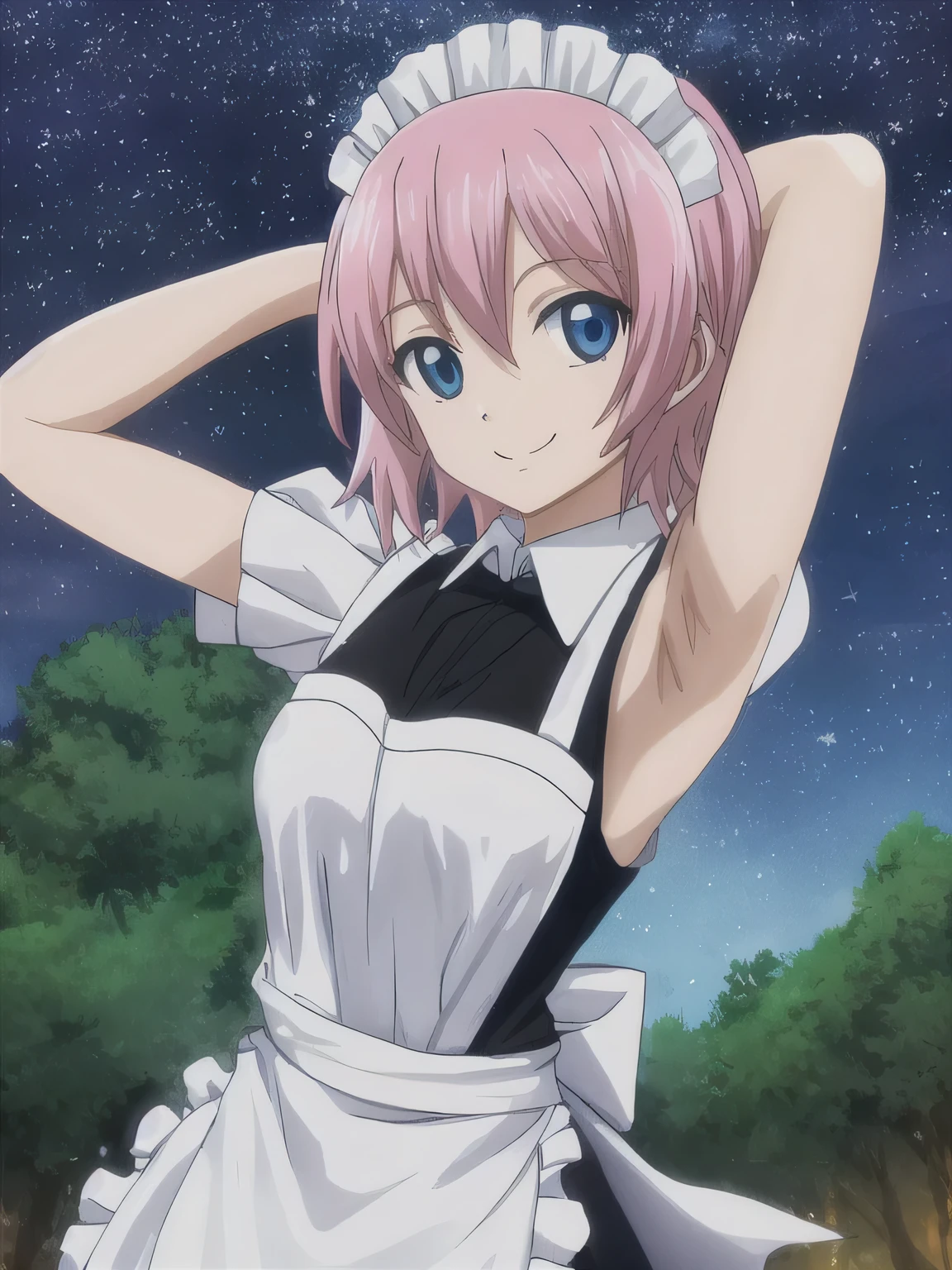 virgo, fairy tail, anime art style, 1girl, solo, looking_at_viewer, smile, short_hair, blue_eyes, pink_hair, short_sleeves, puffy_sleeves, apron, maid, maid_headdress, maid_apron, cowboy shot, ako suminoe, ascot, , solo, upper body, night sky, forest, arms behind head, contrapposto, spread armpits, smile