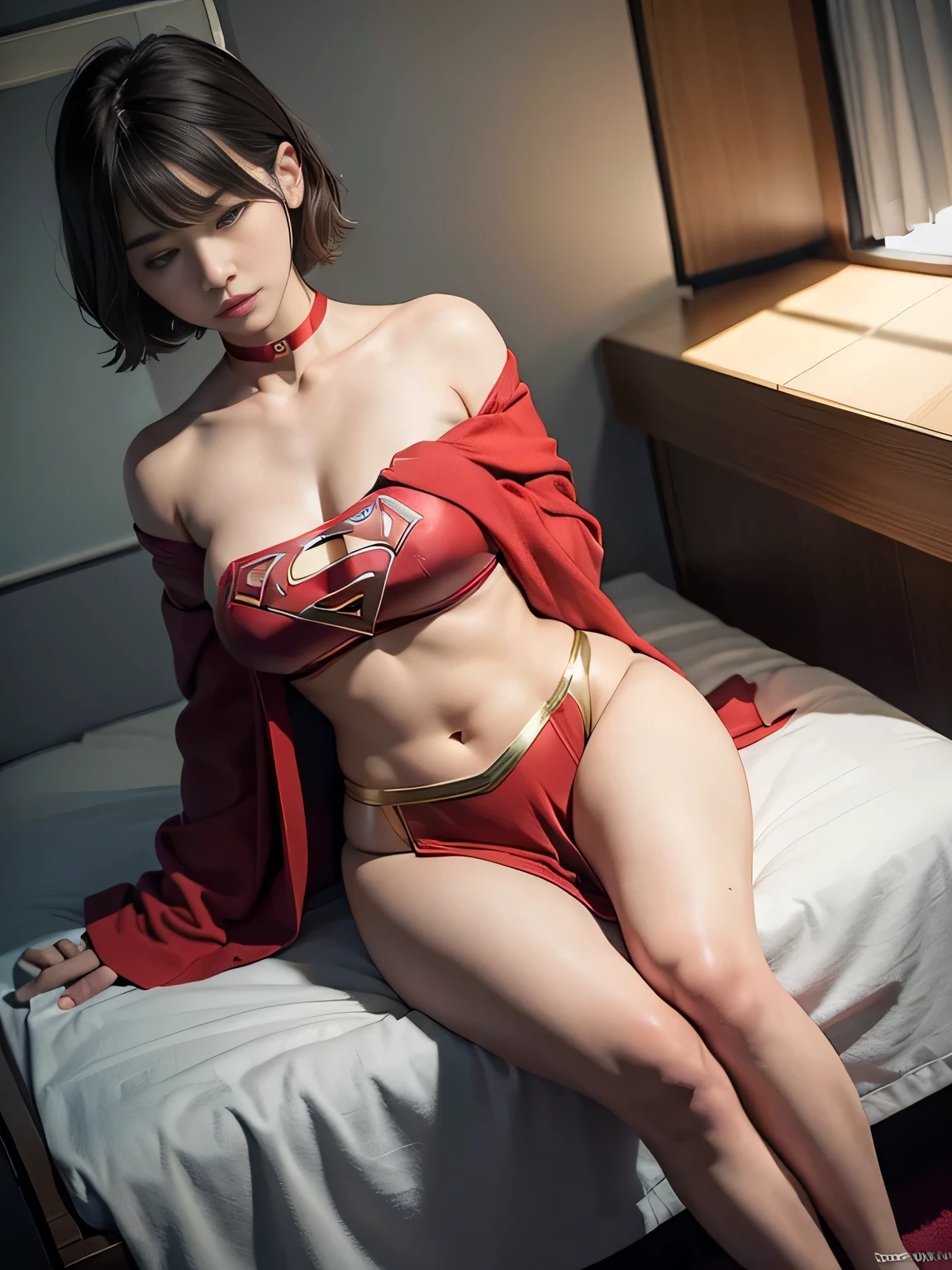 highest quality、masterpiece、Short-haired Supergirl sleeping on the operating table、plump breasts、look at the camera、choker、long sleeve、barefoot、magazine cover、High leg、red mini skirt、tight costume、confused、wide open legs、obscene、Give me a glimpse、Glamorous、off shoulder、model body shape、