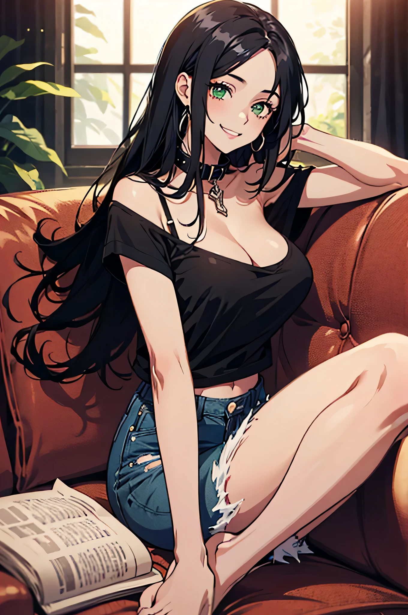 1 girl, Long black hair, deep green eyes,((beautiful face)), mature body, sitting on a couch, collar, Black top, short jean shorts. thick thighs, breasts. anime style, smiling