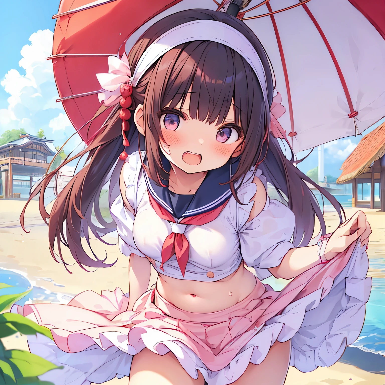 ((日本人のgirl1人、aldult)), ( petite)), black hair、brown hair、masterpiece, 最high quality, high quality, Highly detailed 8K wallpaper,Beach parasol、Pink hair、Tropics、intense heat、heavy breathing、Breathing、Sweat、headdress、cute girls、Cute Maid、bold pose、(open your mouth、small double teeth)、big nipples、Waiting for orders、No correction、Wave、(girl、Classmate、squid belly、pink wearing)、（No underwear）、beautiful flat chest、（激しいSweat）、(Saliva volume:1.4）、(female primary school student、Cute belly、Before menarche、Swelling belly、cute pants）、（Stroking the stomach:2）、(A face that looks comfortable、beautiful face）、（Serving）、（Trembling in the lower back:2）、Life-size、in front of the camera、Walking with your legs together