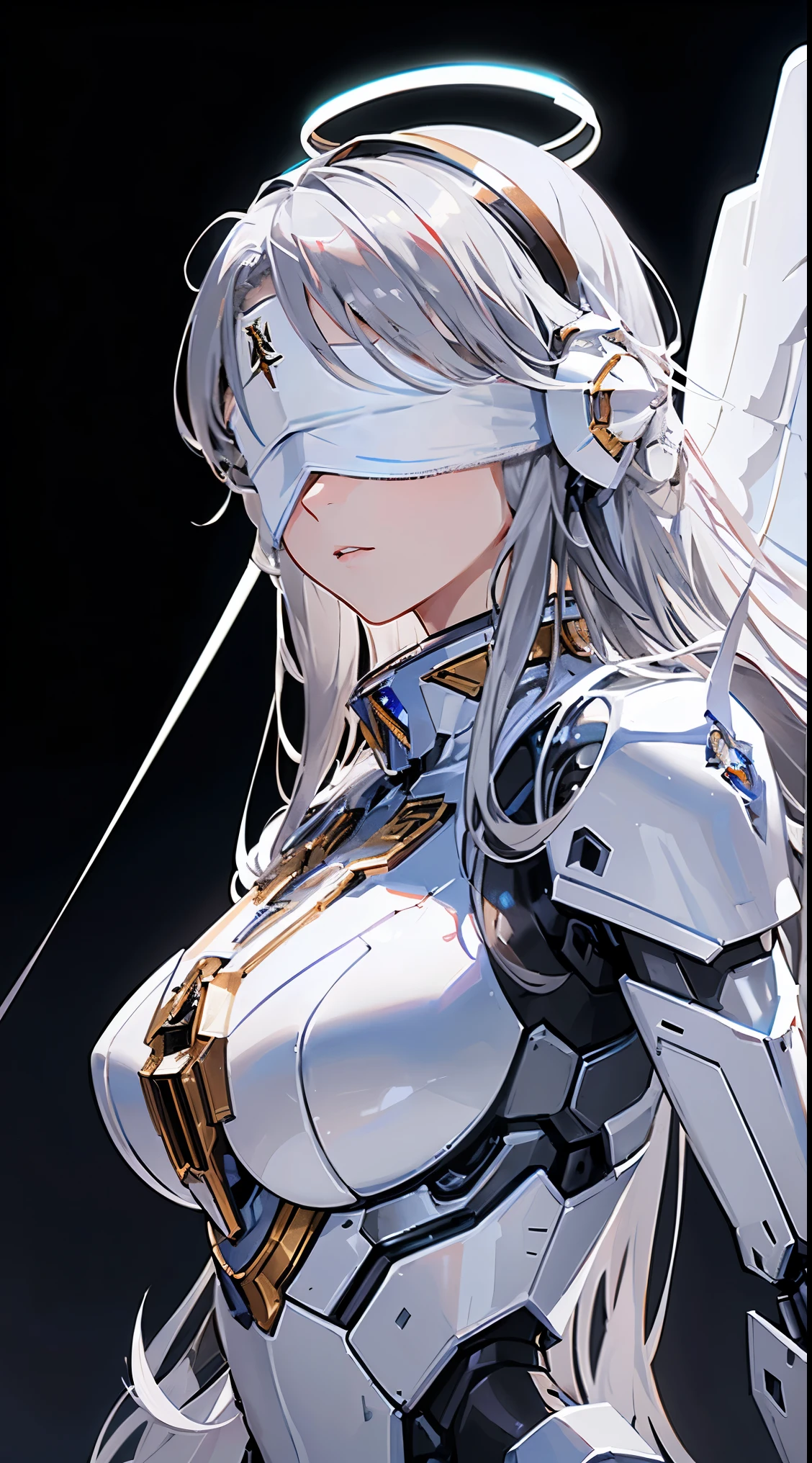 ((8K)), ((32k)), ((highest quality)), ((masterpiece)), ((超A high resolution)), ((T Masterpiece)), ((halo:1.3))、fine skin texture, fine cloth texture, fine metal texture、((beautiful and detailed face))、Raw photo、Professional, Ultra-fine painting, ((solo)), beautiful breasts、highest quality, Super detailed, Super detailed詳細, small details, very beautiful, Princess Knight Robot, (Joint of the machine, mechanical limbs:1.3), (The internal structure of the machine is exposed:1.3), (red long hair 1.1), (Beautiful and huge mechanical breasts)、white veil, cowboy_shot, side focus, headgear, shiny, ((Silver metal machine blindfold:1.8))、 (five fingers, 4 fingers and 1 thumb),concept art, anime fantasy artwork, detailed fantasy art, (with pale blue-violet hair and large white wings,,), (((long hair))), (Mecha:1.6)Sleek and menacing design, ((Armament of the Supreme Commander-in-Chief)), (perfect robot body)、Pure white and blue-purple armor, symmetrical wings, 8K high quality detailed art, 3D rendering of character art in 8K, clear legs, defined, defined fingers, NSFW、((head shot:1.3))