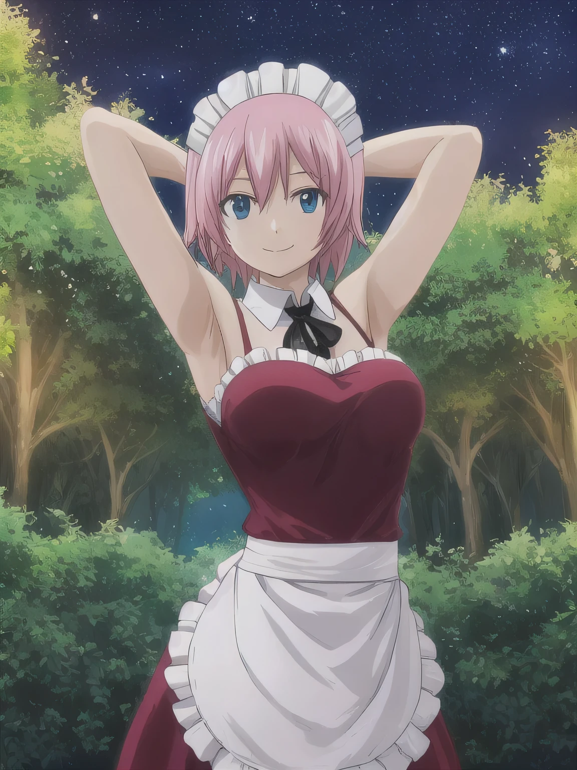 virgo, fairy tail, anime art style, 1girl, solo, looking_at_viewer, smile, short_hair, blue_eyes, pink_hair, short_sleeves, puffy_sleeves, apron, maid, maid_headdress, maid_apron, cowboy shot, ako suminoe, ascot, , solo, upper body, night sky, forest, arms behind head, contrapposto, spread armpits, smile