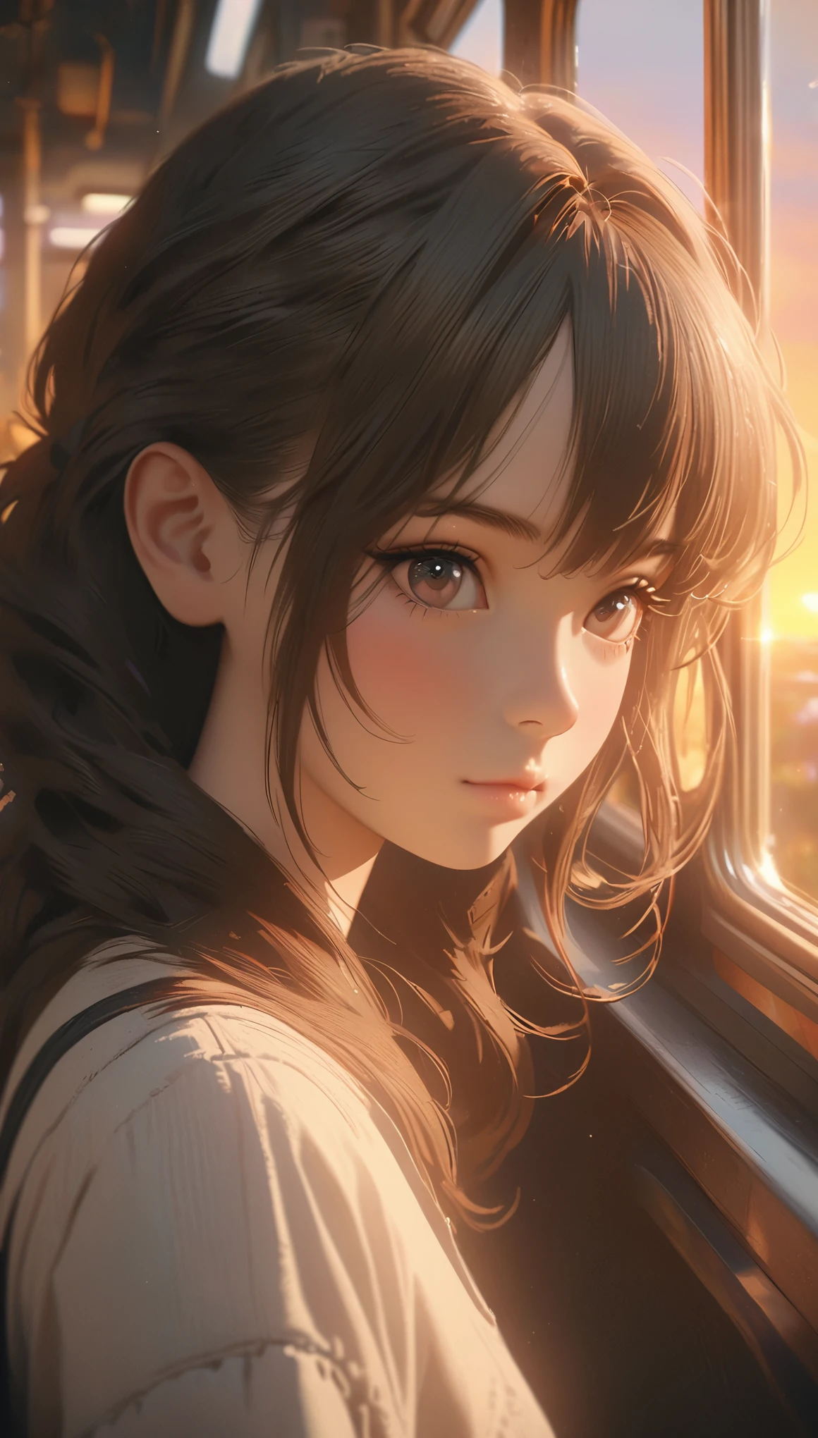 Anime girl sitting on the train looking out the window, Beautiful anime portrait, Lofi portrait at a window, beautiful anime girl, Lofi portrait, lofi girl, Portrait anime girl, guweiz style artwork, high quality portraits, with sunset, Attractive anime girl, cute anime girl, Realistic cute girl painting, anime style. 8K