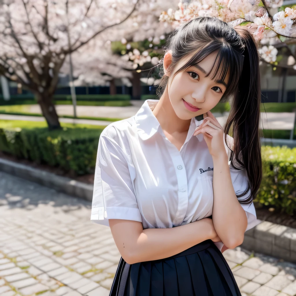 cute teenage girl, cute smile、pretty face、Height: approx. 160cm, brown eyes, Wearing a Japanese high 、wear a pleated skirt、In the row of cherry blossom trees、double ponytail black hair, masterpiece, 最high quality, 超high quality, high quality, High resolution, ultla High resolution, disorganized, 4k, 8K, 16k, very detailed, Complex, great shading, high contrast, realistic, photo realistic, RAW photo, photo shoot, super detailed illustrations, shortening, perfect anatomy, correct anatomy, perfect proportions, perfect face, perfect hands, perfect legs, perfect fingers