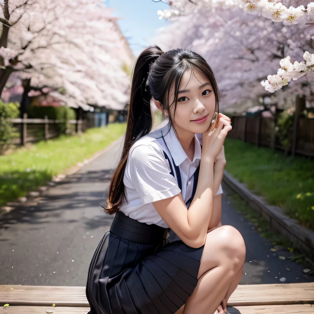 cute  girl, cute smile、pretty face、Height: approx. 160cm, brown eyes, Wearing a Japanese high 、wear a pleated skirt、In the row of cherry blossom trees、double ponytail black hair, masterpiece, 最high quality, 超high quality, high quality, High resolution, ultla High resolution, disorganized, 4k, 8K, 16k, very detailed, Complex, great shading, high contrast, realistic, photo realistic, RAW photo, photo shoot, super detailed illustrations, shortening, perfect anatomy, correct anatomy, perfect proportions, perfect face, perfect hands, perfect legs, perfect fingers