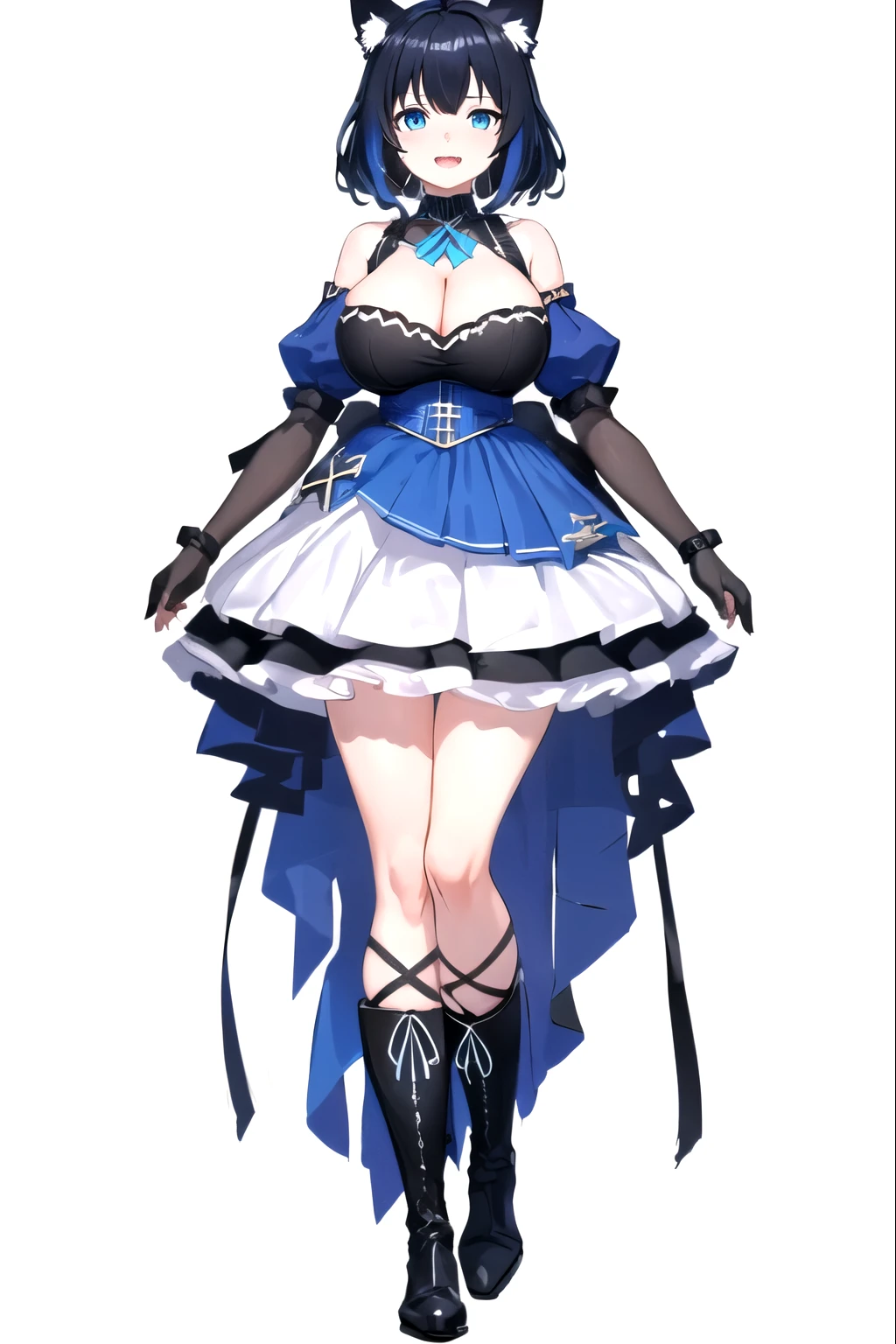 ,((upright)), ((arm at side)), looking at the viewer, simple background、white background, 1 girl, open your mouth, smile, Virtual YouTuber、with a girl、((highest quality, expensive_solve, clear_image)),(black hair), (black cat ears), (Ahoge), (ridiculously short hair), (wavy hair), (blue eyes),、laughter、very big breasts、whole body、Draw to the toes、I put boots on my feet、cleavage visible、dressed in military uniform、Reference sheet、((show viewer))。