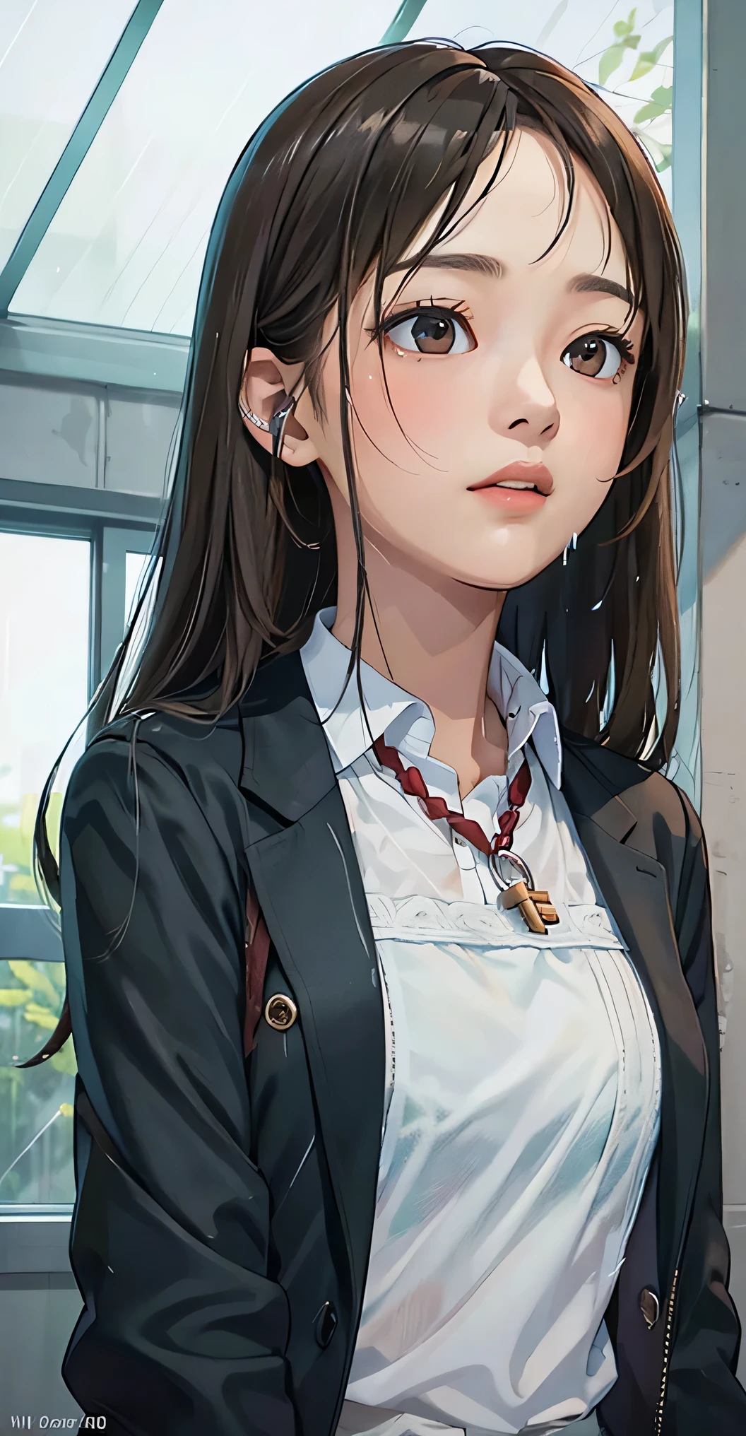 realistic, table top, highest quality, Raw photo, that&#39;(((it&#39;s raining outside))),((big skylight)),Atrium,1 girl, alone, long hair, brown hair, be familiar with顔, attractive face, , medium breasts, suit jacket,A female architect gazing at the viewer, from below, detailed background, be familiar with, intricate details, ray tracing, written boundary depth, discreet key, nffsw