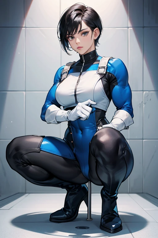 A muscular mature woman with short black hair wearing blue bodysuits, white gloves and white boots squatting on a toilet