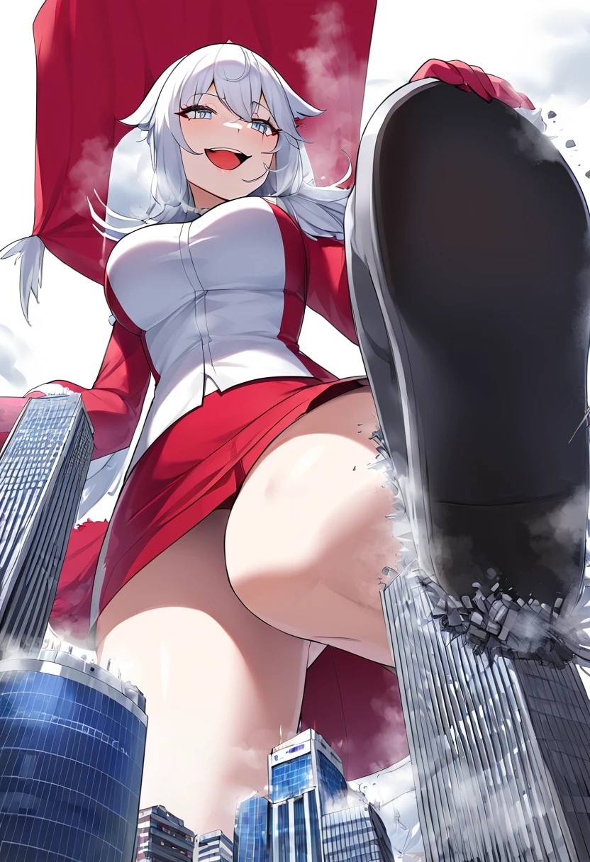 huge，lapland，Teenage girl，short skirt，teasing，A giant girl taller than a building，穿White过膝袜的，city-destroying，miniature city，lifting one&#39;s feet，Ready to stampede，Toyed around，low angle of view，shrouded in the villain，White，Laughing maniacally