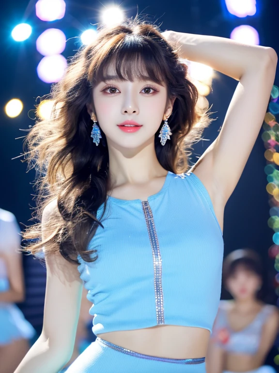 best quality,HD,a beauty,Exquisite face shape,Korean female idol(Korean beauty),White slightly curly long hair,Center parted bangs,Light blue tight mini dress(Plastic reflective),dance korean pop dance,Korean makeup,Small waist,beautiful earrings,Positive face,Upright