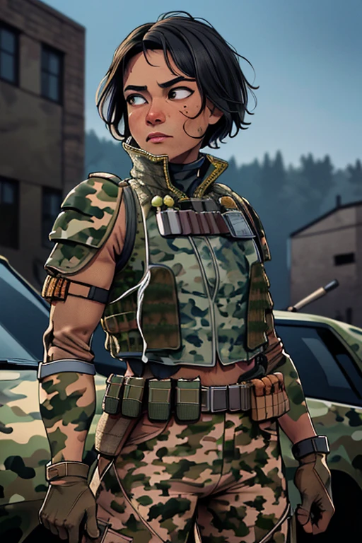 8K, RAW, best quality, masterpiece, ultra high res, colorful, extremely detailed eyes and face, beautiful detailed eyes, 1girl, solo, ((26 year old:1.3, Filipino Woman:1.3, short black hair:1.3, Amber eyes:1.2, Detailed face, Detailed eyes, tanned bronze skin:1.08, agile physique, Perfect Anatomy, (Wearing: camouflage military suit, bullet proof vest, pants, utility belt, armor and gloves:1.4)), into the camera with a fierce and serious gaze. Debris, smoke, shattered glass and ruined cars are in the surroundings. This is a masterpiece that exudes exceptional quality. The illustration is ultra-detailed, Using HDR technology to create a sense of depth. Theme is original, gritty, and astonish artwork, bright colors，Full of modern warfare elements.
