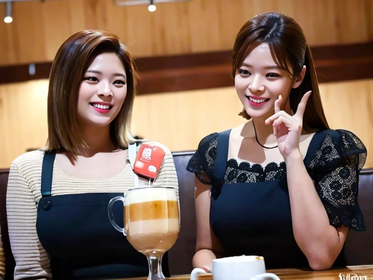 (best quality,4k,8k,highres,masterpiece:1.2),ultra-detailed,(realistic,photorealistic,photo-realistic:1.37),2girls:1.4,jeongyeonlorashy,two girl baristas serving coffee,half body,cleavage, super detailed,ultra HD,high quality,extremely detailed,accurate faces,coffee cups,espresso machine,vibrant and cozy cafe, sundresses ,delicate latte art,playful expressions,flawless skin,fine facial features,softly curled hair,warm lighting,rich color palette,bokeh accents,tantalizing aroma,leisurely atmosphere,meticulously brewed coffee,interacting with customers,friendly smiles,relaxing jazz music,inviting seating area,moderately busy cafe,scrumptious pastries,beautifully decorated cakes,pleasant conversation,budding friendship,trendy and stylish decor,elegant hand gestures,steaming coffee mugs,coffee beans in grinder,graceful movements,moment of shared laughter,memorable ambiance