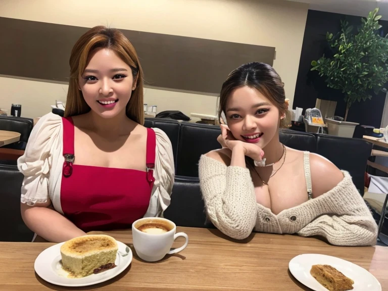 (best quality,4k,8k,highres,masterpiece:1.2),ultra-detailed,(realistic,photorealistic,photo-realistic:1.37),2girls:1.4,jeongyeonlorashy,two girl baristas serving coffee,half body,cleavage, super detailed,ultra HD,high quality,extremely detailed,accurate faces,coffee cups,espresso machine,vibrant and cozy cafe, sundresses ,delicate latte art,playful expressions,flawless skin,fine facial features,softly curled hair,warm lighting,rich color palette,bokeh accents,tantalizing aroma,leisurely atmosphere,meticulously brewed coffee,interacting with customers,friendly smiles,relaxing jazz music,inviting seating area,moderately busy cafe,scrumptious pastries,beautifully decorated cakes,pleasant conversation,budding friendship,trendy and stylish decor,elegant hand gestures,steaming coffee mugs,coffee beans in grinder,graceful movements,moment of shared laughter,memorable ambiance