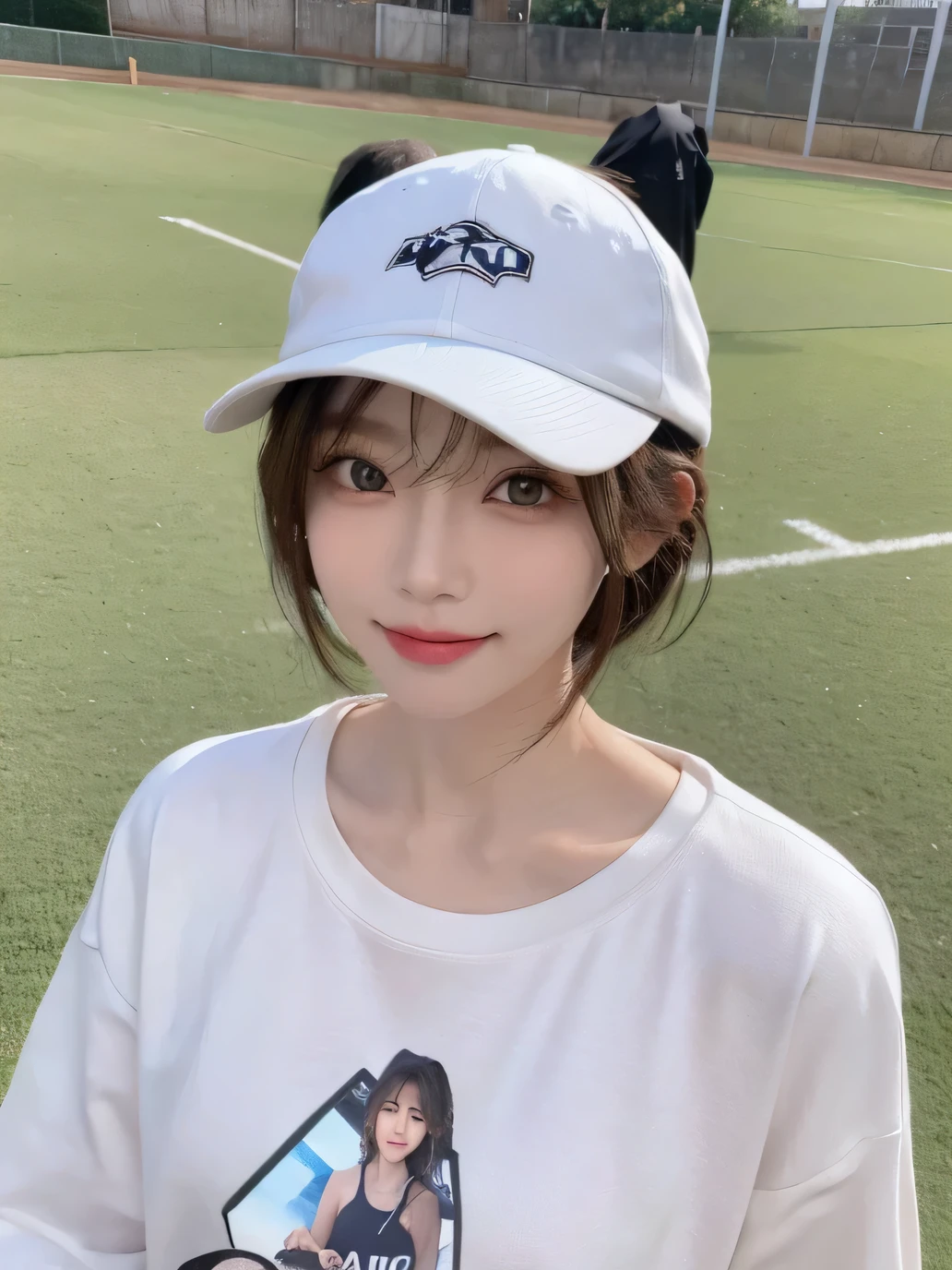 Best image quality、original photo、ultra high resolution、21 years old Korean、small breasts、dynamic angle、Cowboy shooting、The most beautiful form of chaos、elegant、Innovative design、bright colors、,light brown short hair、disheveled hair、light brown eyes 、black baseball cap(Facial expressionSmile)、short bob、Smile、Fair and shiny skin、beautiful eyes,random colors、The details are very beautiful、thin lips、Delicate beautiful eyes、elongated eyes、pale pink cheeks、long eyelashes、beautiful double eyelids、eye shadow、he、White big T-shirt sweatshirt、baggy pants、Shot from the side、sexy pose、enlarge