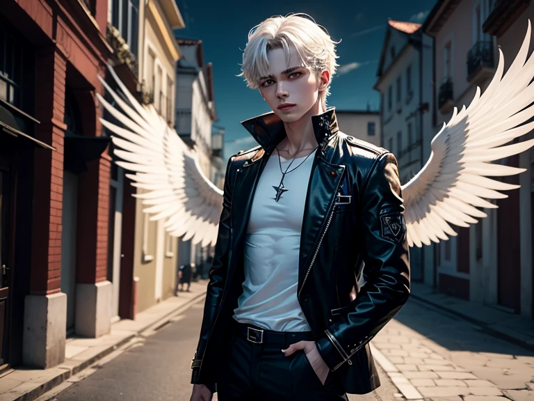 male fallen angel, pale skin, pingente de ampulheta, olhos azuis reluzentes, pants and jacket, luz pairando ao seu redor, de frente a janela, noite