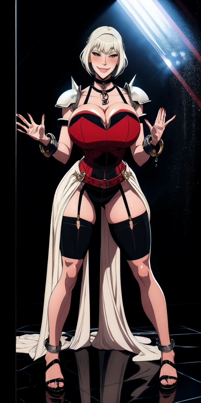 dark fantasy anime illustration of a (mature MILF BIMBO albino skin and short white hair), (FULL BODY) perfect face, wearing tight leather stealth armor, stalking, BIG KNOCKERS CLEAVAGE, lustful smirking smile red blush red cheeks, chain leash, kneeling, shackles, leather black collar slave, ((BLACK background)) hands on glass WITH KNOCKERS on glass, glass window fog water drop, 5 fingers each hand, metal handcuffs, black choker collar, thigh highs, long legs, metal ankle, metal sandals, metal shoulders, standing straight symmetrical against glass