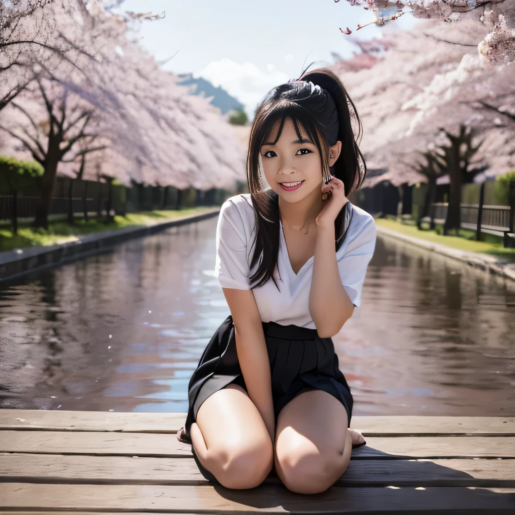 cute  girl, cute smile、pretty face、Height: approx. 160cm, brown eyes, Wearing a Japanese high 、wear a pleated skirt、In the row of cherry blossom trees、double ponytail black hair, masterpiece, 最high quality, 超high quality, high quality, High resolution, ultla High resolution, disorganized, 4k, 8K, 16k, very detailed, Complex, great shading, high contrast, realistic, photo realistic, RAW photo, photo shoot, super detailed illustrations, shortening, perfect anatomy, correct anatomy, perfect proportions, perfect face, perfect hands, perfect legs, perfect fingers