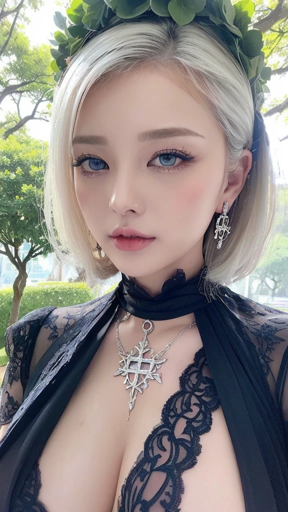 1 miniature Beautiful beautiful woman - Yuan Sayuki, ((top quality, 8K, Masterpiece:1.retty woman, 1 woman, huge breasts:1.3, a slim body:1.1, lush white short hair, (shower, wet body, wet clothes:1.1), very detailed face, detailed lips, detailed eyes, double eyelids, Detailed blue eyes, чрезвычайно Detailed Outstanding Blue Eyes, short white wet hair, white wet hair, Detailed Outstanding Blue Eyes, innocent look at the viewer, very wet wavy white hair, Detailed Outstanding Blue Eyes, huge cross earrings, Outdoors, badges behind, gothic wedding uniform, sexy gothic style wedding dress with veil, bare chest, huge chest tattoo wearing a wreath, detailed huge earrings, chest tattoo, Outside - there are trees and a buddhist temple in the background, wear a silver cross (Detailed cross shape), reality mode, wet breasts, black necklace, black wedding dress and black veil, human crowd behind, head/forehead chain veil, black latex gloves, naked breasts, naked breasrs, naked nipples, hair of white snowy colour