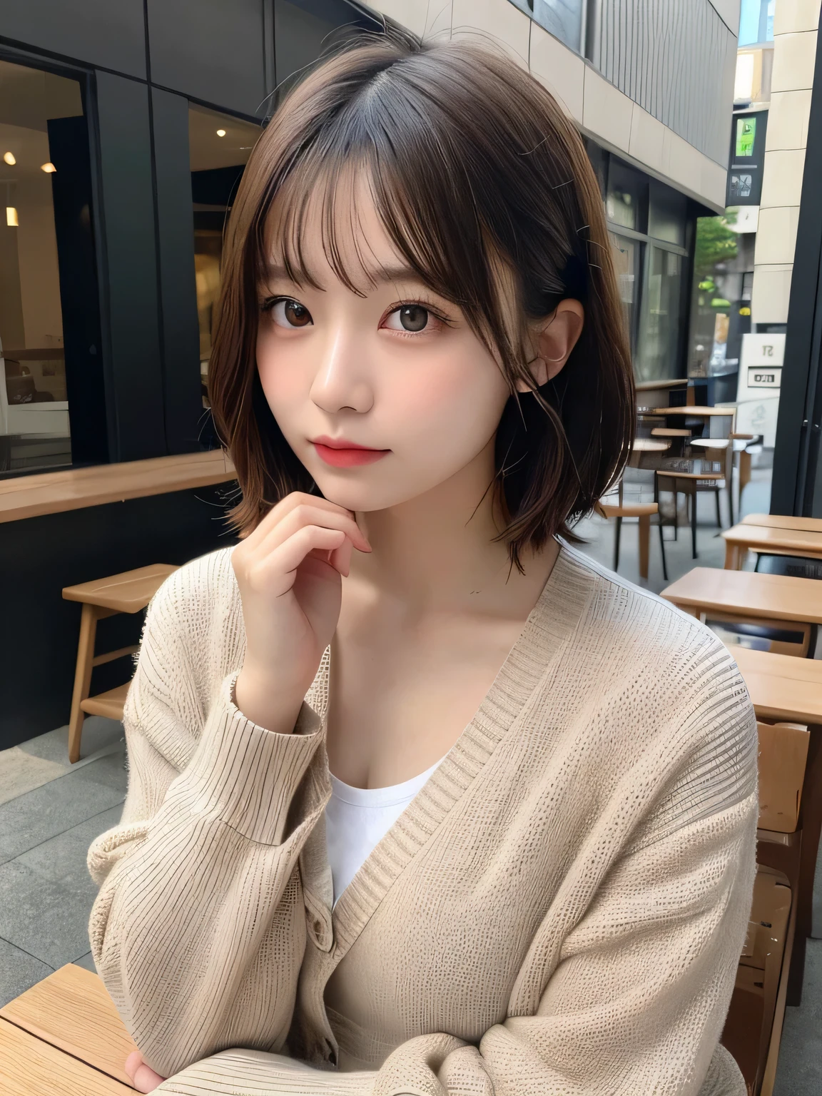 Detailed details,、High resolution、high quality、perfect dynamic composition、detailed and beautiful eyes、short hair、small breasts、natural color lip、Kamimei、Shibuya Ward、20 year old girl、1 person、transparent skin、shining hair、table top、最high quality、finely、High resolution、8K、correct state of the human body、random pose、sculpture model pose、one piece、cardigan、hair blowing in the wind
