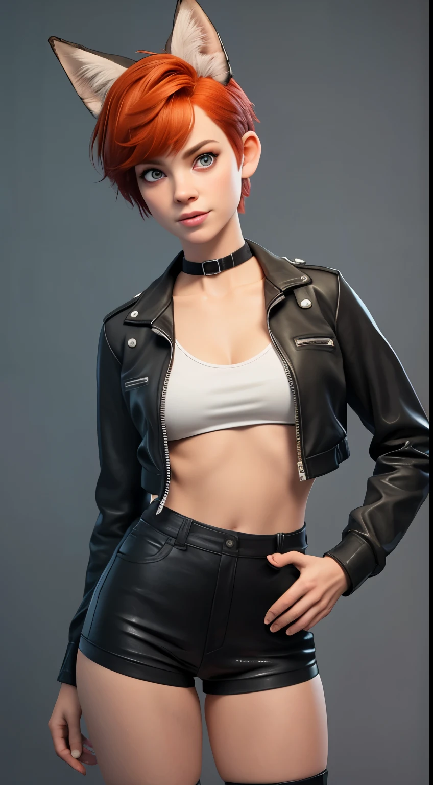 1girl, teenager, solo, (short pixie cut Hair, undercut red hair: 1.28), ((light gray eyes)), some small freckles, (black tip fox ears: 1.35), pale skin, large breasts, cleavage, (thin hips, thin waist: 1.25), simple background, looking away, (fitted open cropped leather jacket, choker, short shorts, thigh high stockings, plaid b&w sneakers: 1.11), masterpiece, best quality,3d rending work ,3DMM style, close-up, portrait, 3D,