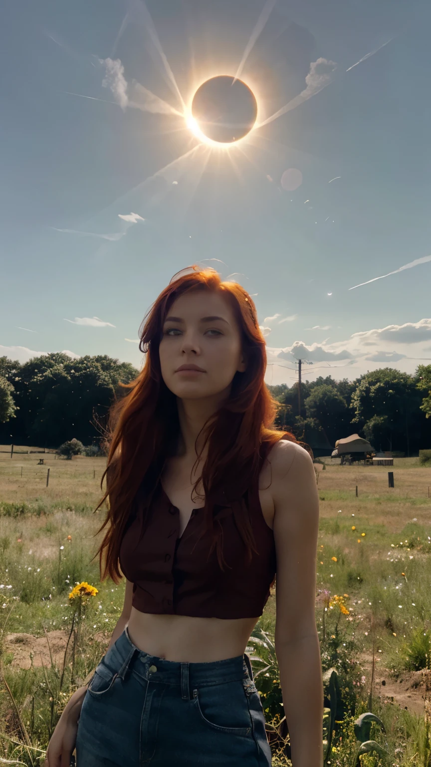 Full solar eclipsed sun, and redheaded woman on land, looking at the eclipse.