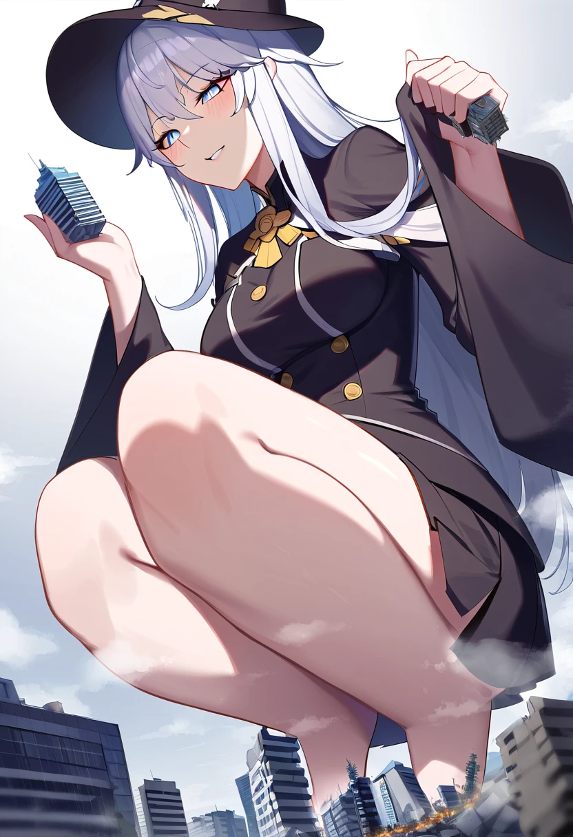 lapland，huge，Teenage girl，short skirt，teasing，A giant girl taller than a building，穿White过膝袜的，city-destroying，miniature city，low angle of view，shrouded in the villain，White，arrogant，Holding a miniature building in hand，squatting