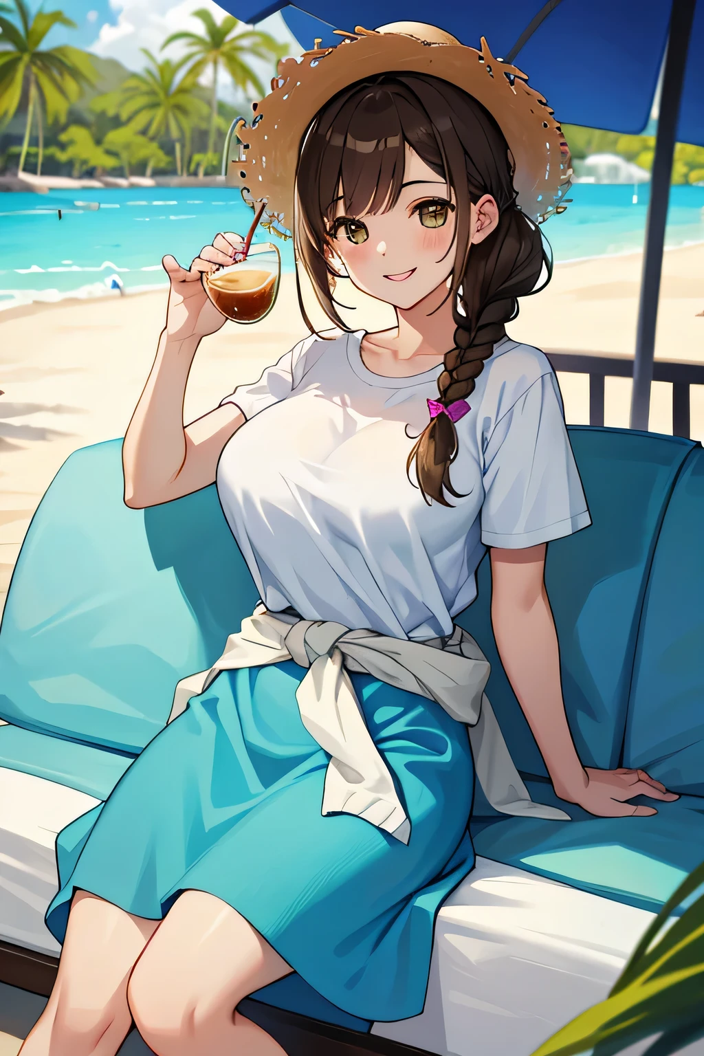 (highest quality:1.4)、High resolution、detailed background)、(detailed beautiful face:1.4)、anatomically correct、beautiful and smooth skin、skin texture、professional lighting、beautiful age girl、(two beautiful girls:1.4)、(huge breasts:1.3)、
brown hair、braided bob、braided ponytail、braided hairstyles、realistic、perfect body line、attractive thighs、Attractive big buttocks、sunny day、cowboy shot、Close-up、
Two women relaxing in a cozy cafe lounge、
Stylish interior and delicious drinks、It's even more appealing if you have a selection of sweets.、
Playfully sticking your body together、Have fun、A big smile、smile、sexual expression、cute gesture、cute、
Pair a loose, oversized t-shirt with colorful summer leggings、Wear sneakers or sandals for a lighter look、
Light floral and striped dresses are perfect for the summer sun.、
A belt around the waist creates a more feminine silhouette.、
Ruffle tops give a feminine and cute impression.、
Resort style at the beach or pool is also popular.、
Colorful bikinis and one-piece dresses with beach sandals and straw hats、cute