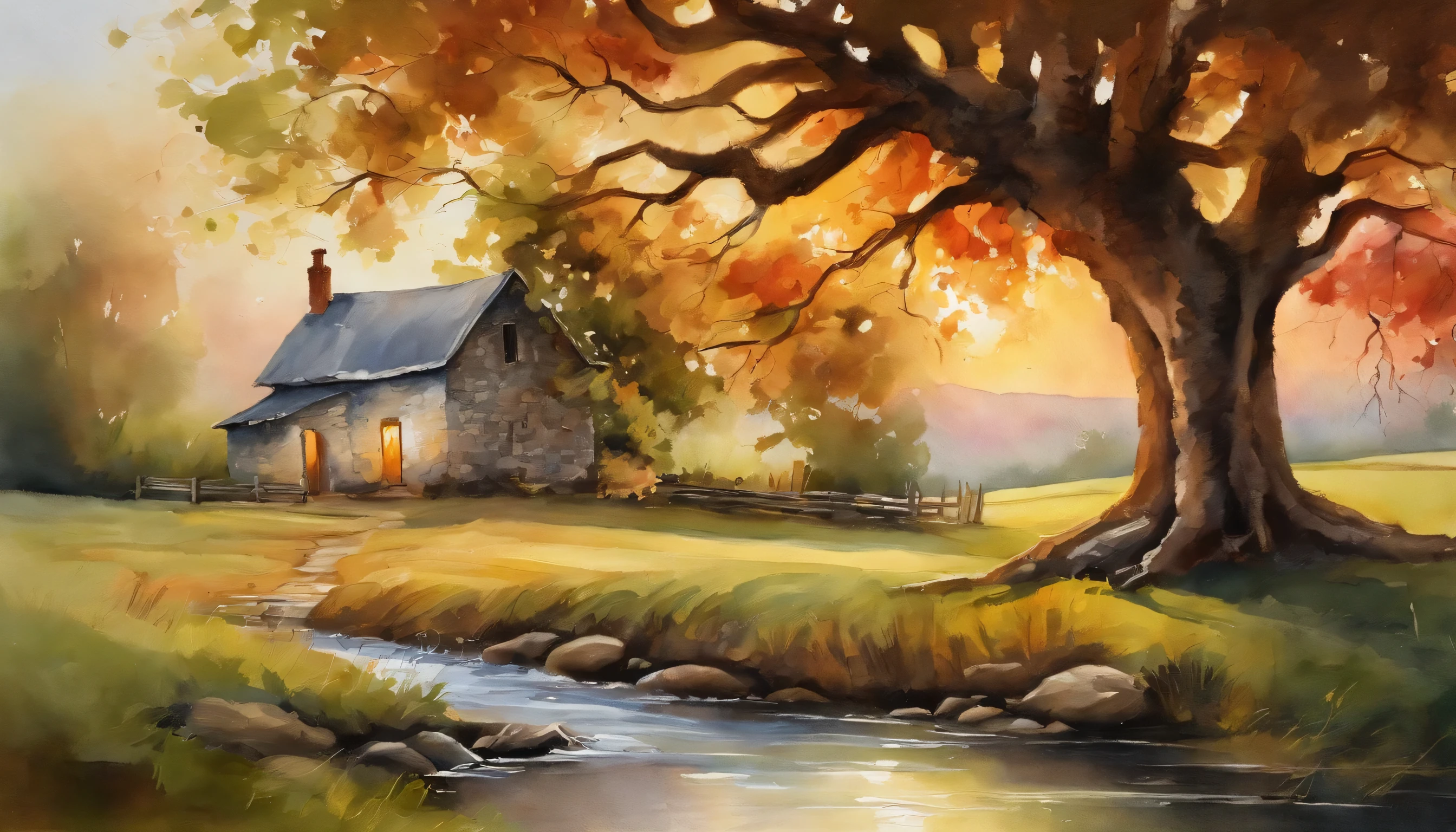 Farmhouse under a big tree by a stream, sunset,  oil, classic style, rich colors, brush strokes, vivid texture, Expressive portrait, dynamic composition, capture light and shadow, Artistry, timeless beauty.