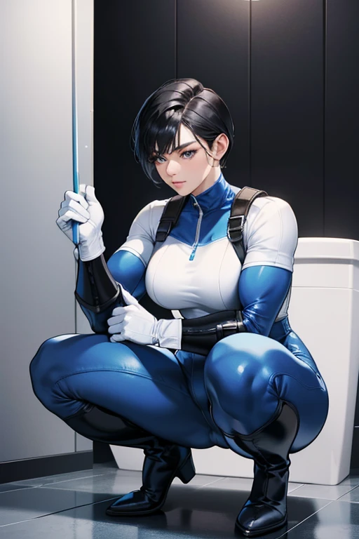 A muscular mature woman with short black hair wearing blue bodysuits, white gloves and white boots squatting on a toilet　