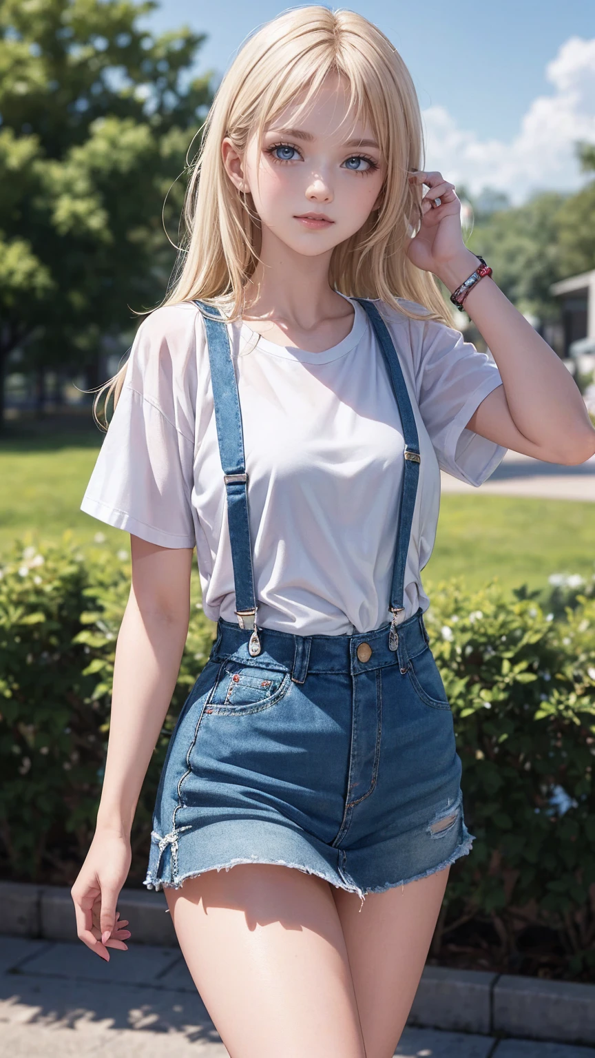 ((最high quality, 8K, masterpiece: 1.3, Ultra HD, high quality, 最high quality, High resolution, realism)) 、25 year old white woman、platinum blonde、blue eyes、long hair、smile、slender、slenderだがアスリートのような細マッチョ、I don't want my head to disappear from the screen.、Accessorize your wrist、Wearing red nail polish、I have a peticure、Wear a T-shirt、suspenders((suspenders))use、Wear a mini skirt、wear sneakers、smile