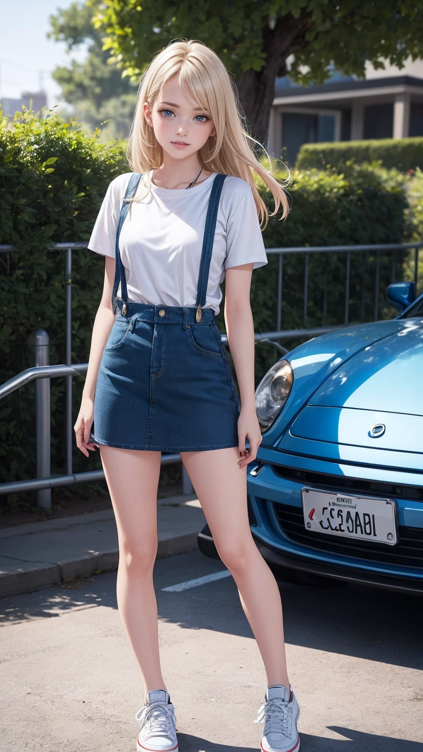 ((最high quality, 8K, masterpiece: 1.3, Ultra HD, high quality, 最high quality, High resolution, realism)) 、25 year old white woman、platinum blonde、blue eyes、long hair、smile、slender、slenderだがアスリートのような細マッチョ、I don&#39;t want my head to disappear from the screen.、Accessorize your wrist、Wearing red nail polish、I have a peticure、Wear a T-shirt、suspenders((suspenders))use、Wear a mini skirt、wear sneakers、smile