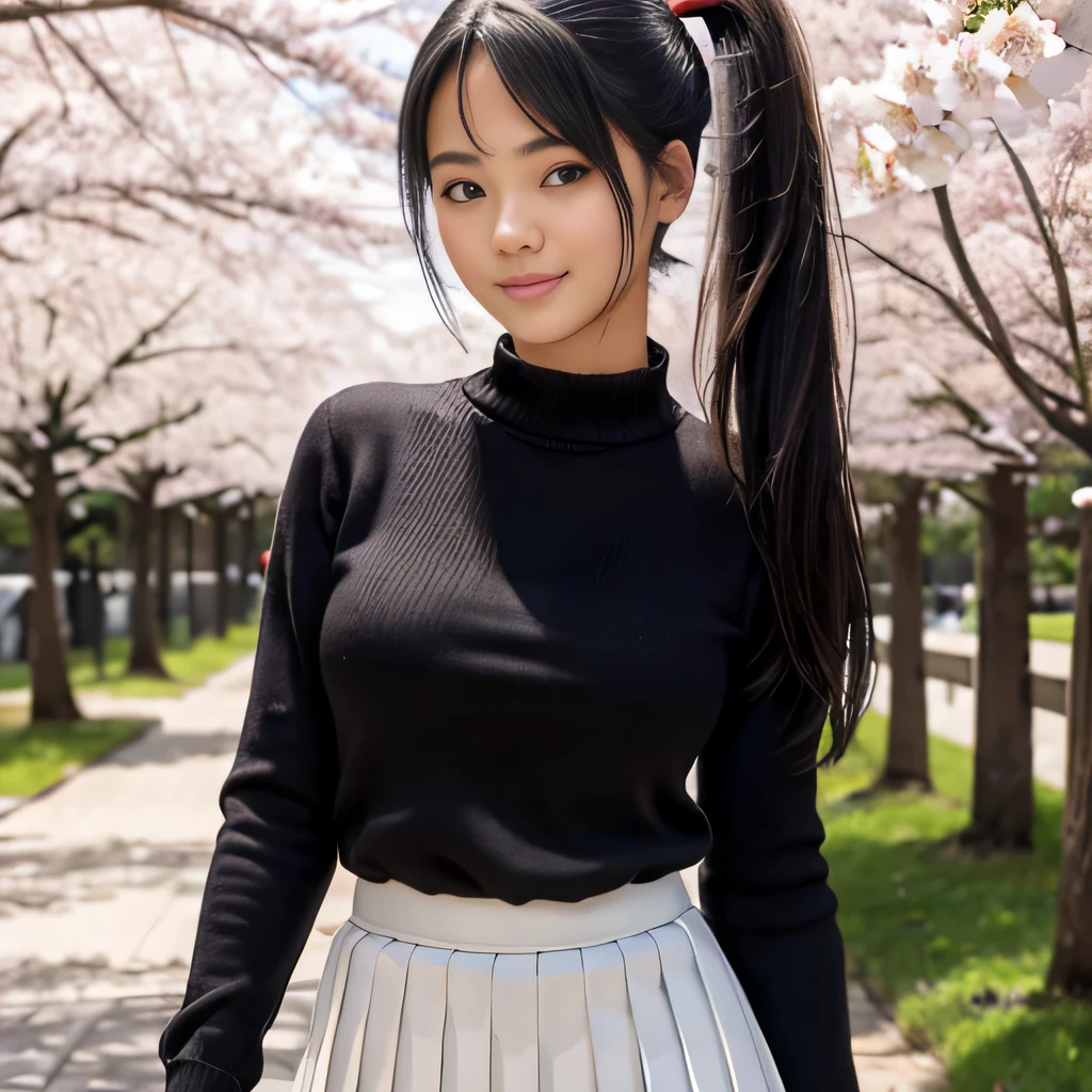 cute  girl, cute smile、pretty face、Height: approx. 160cm, brown eyes, Wearing a Japanese high 、wear a pleated skirt、In the row of cherry blossom trees、double ponytail black hair, masterpiece, 最high quality, 超high quality, high quality, High resolution, ultla High resolution, disorganized, 4k, 8K, 16k, very detailed, Complex, great shading, high contrast, realistic, photo realistic, RAW photo, photo shoot, super detailed illustrations, shortening, perfect anatomy, correct anatomy, perfect proportions, perfect face, perfect hands, perfect legs, perfect fingers