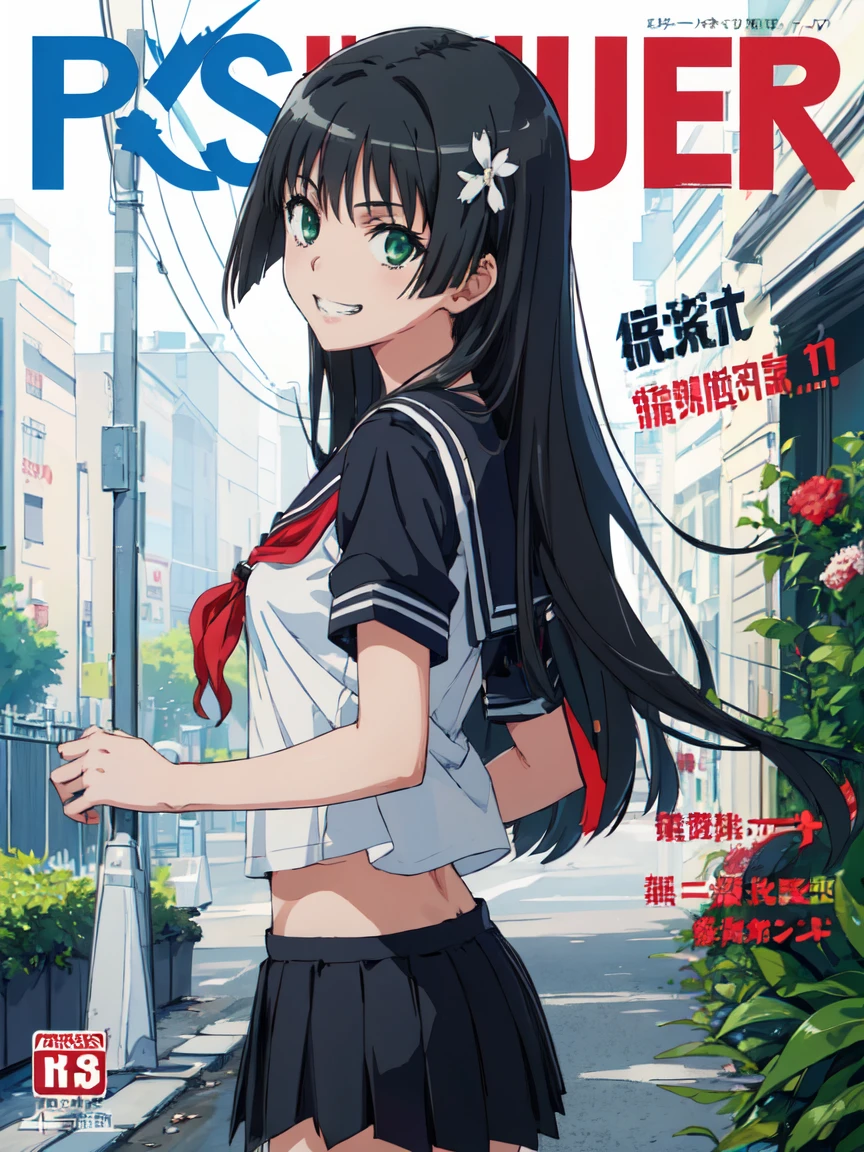 hustlercover, (High resolution:1.4), (masutepiece:1.2), (High quality:1.3) 1girl, saten ruiko, green eyes, long hair, black hair, small breast, serafuku,  grin