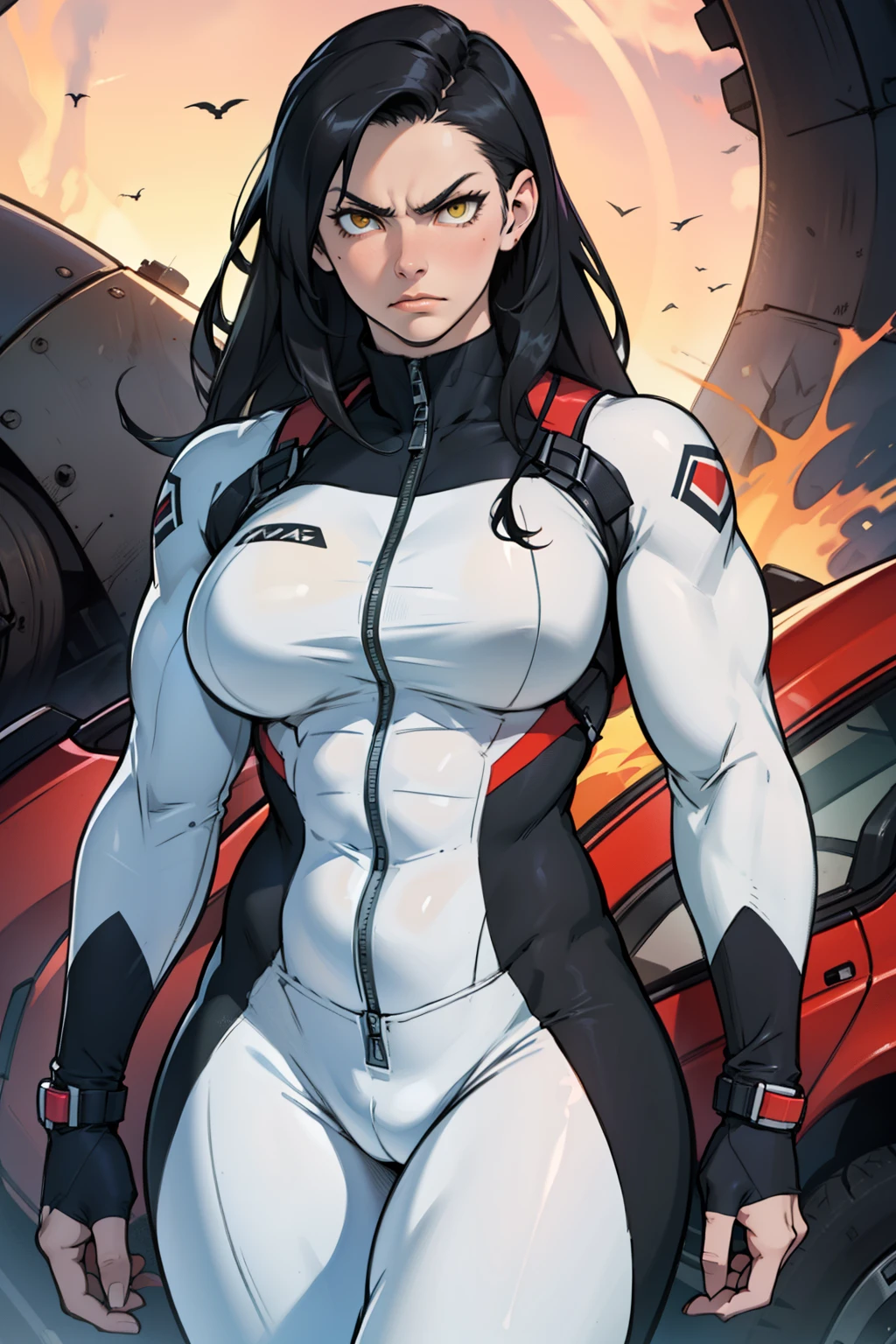 angry girl pale skin (((((muscular girl))))) (((thick))) (((large breasts))) pilot suit bodysuit black hair yellow eyes very long hair very long hair very long hair
