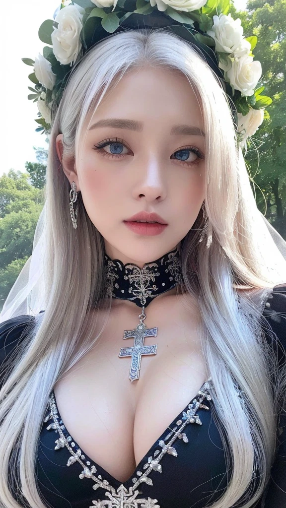 1 miniature Beautiful beautiful woman - Yuan Sayuki, ((top quality, 8K, Masterpiece:1.retty woman, 1 woman, huge breasts:1.3, a slim body:1.1, lush white long hair, (shower, wet body, wet clothes:1.1), very detailed face, detailed lips, detailed eyes, double eyelids, Detailed blue eyes, чрезвычайно Detailed Outstanding Blue Eyes, white wet hair, white wet hair, Detailed Outstanding Blue Eyes, innocent look at the viewer, very wet wavy white hair, Detailed Outstanding Blue Eyes, huge cross earrings, Outdoors, badges behind, gothic wedding uniform, sexy gothic style wedding dress with veil, bare chest, huge chest tattoo wearing a wreath, detailed huge earrings, chest tattoo, Outside - there are trees and a buddhist temple in the background, wear a silver cross (Detailed cross shape), reality mode, wet breasts, black necklace, black wedding dress and black veil, human crowd behind, head/forehead chain veil, black latex gloves, naked breasts, naked breasrs, naked nipples, hair of white snowy colour