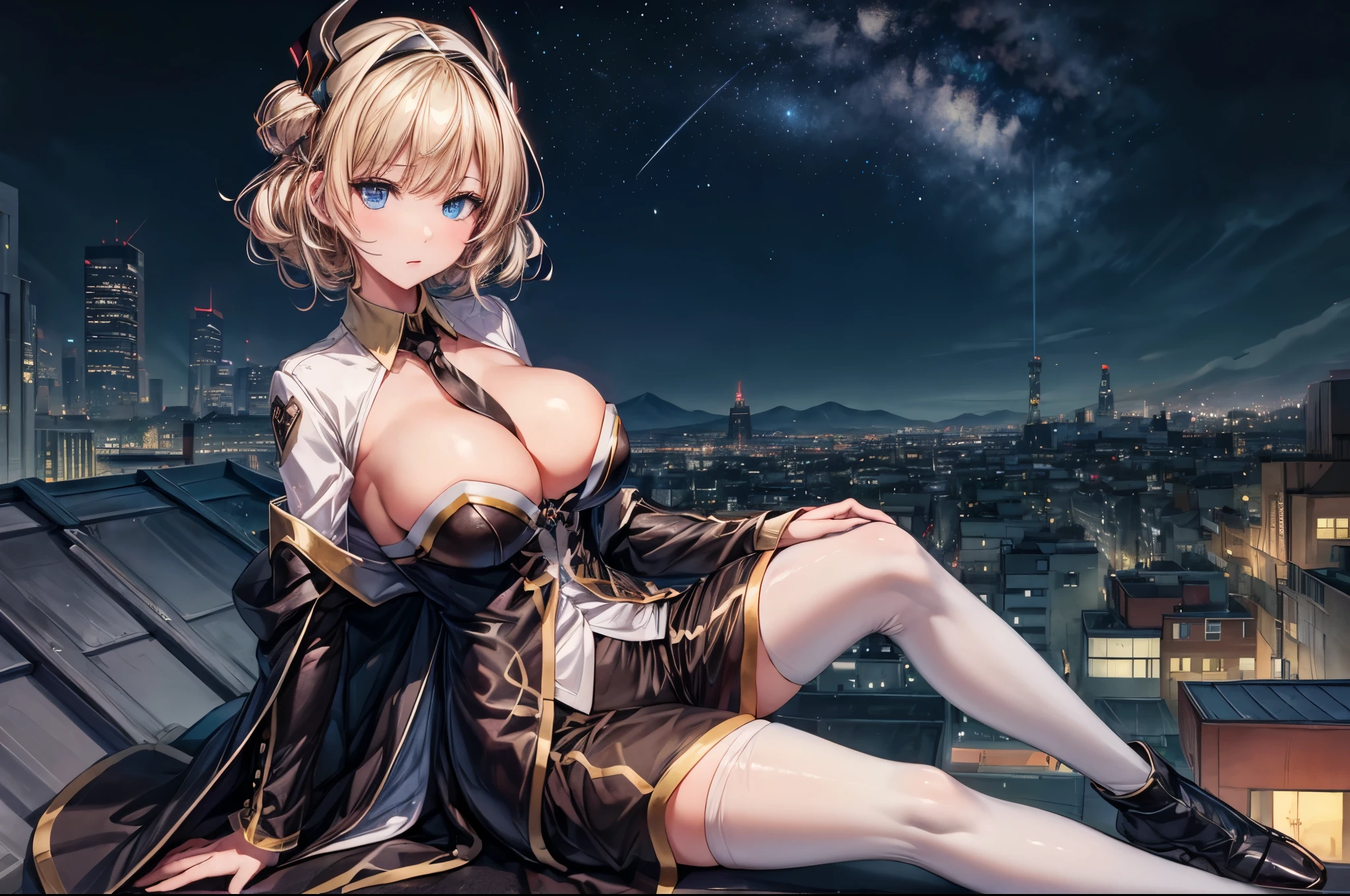 (masterpiece, best quality:1.2), intricate details, 1girl,sky striker ace raye,cityscape ,blue eyes,Blond hair, black headdress.Dark brown tie,sitting on the roof of a building,raining,stars,night,cleavage,narrow bust),(rontal view,(mature female:1.2)